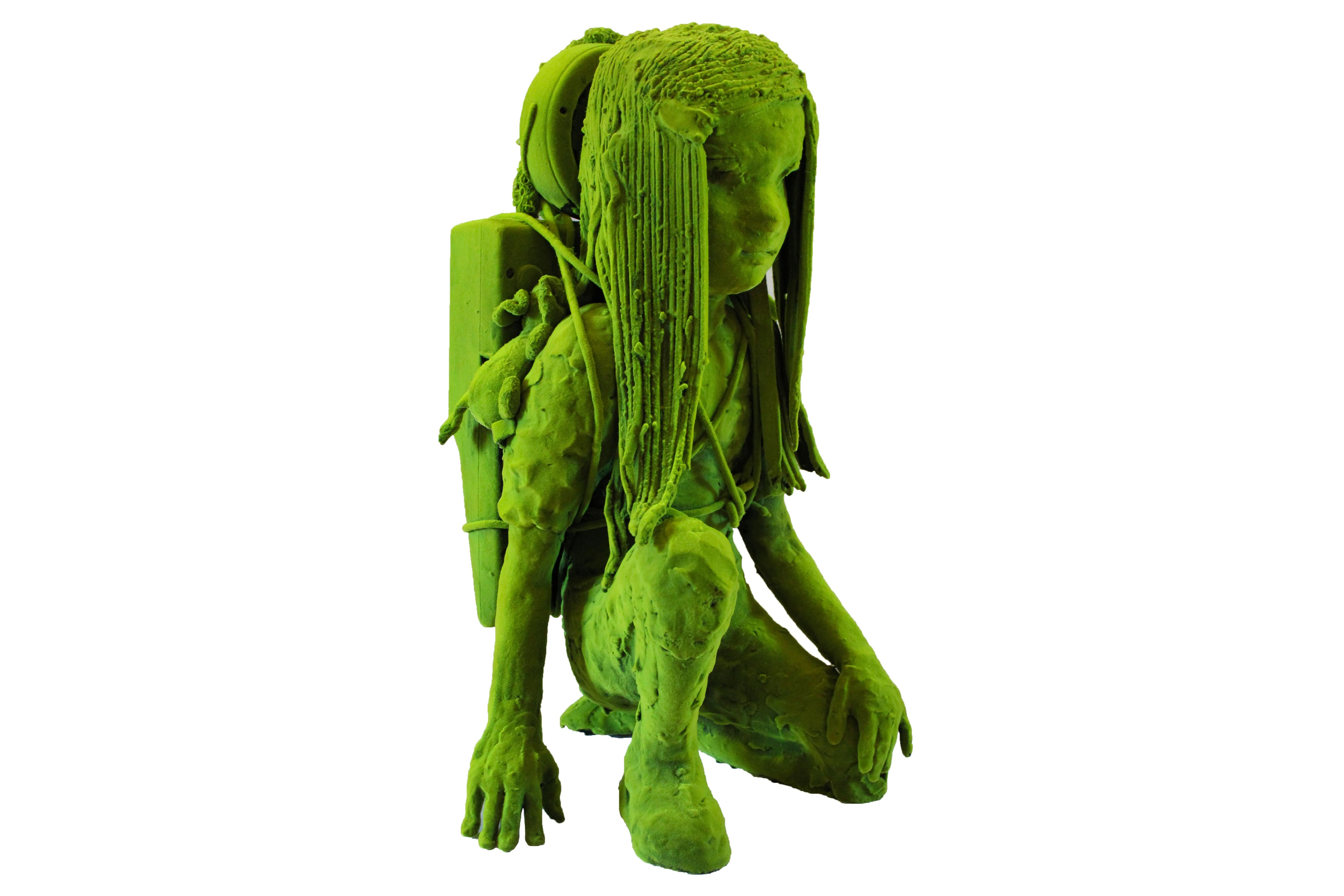 Moss girl sculpture by Kim Simonson.
Synthetic moss sculpture over a porcelain base.
From the series of 