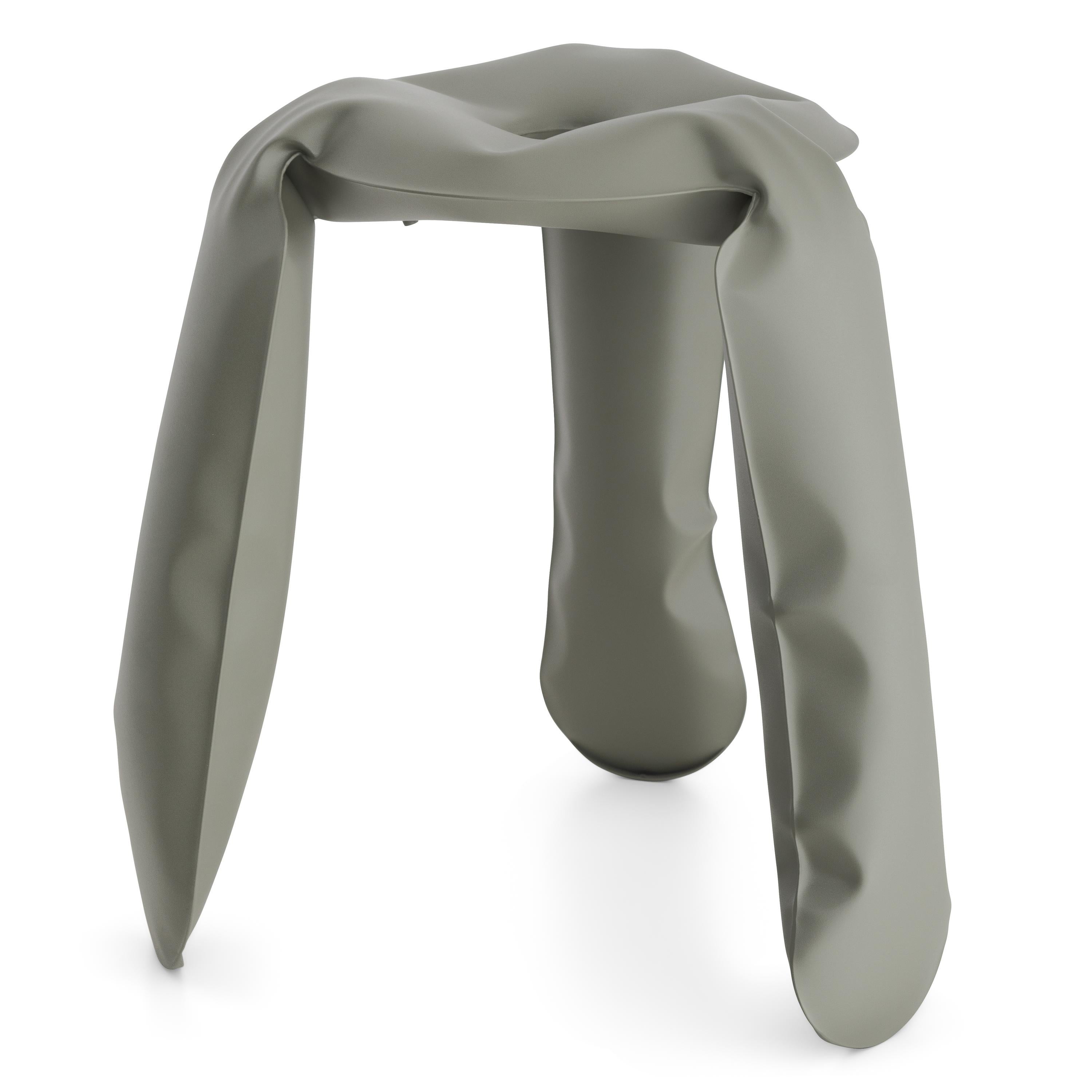 Moss Gray Steel Standard Plopp stool by Zieta
Dimensions: D 35 x H 50 cm 
Material: Carbon steel. 
Finish: Powder-coated.
Available in colors: Graphite, Moss Grey, Umbra Grey, Beige Grey, Blue Grey. Available in Stainless Steel, Aluminum, and Carbon