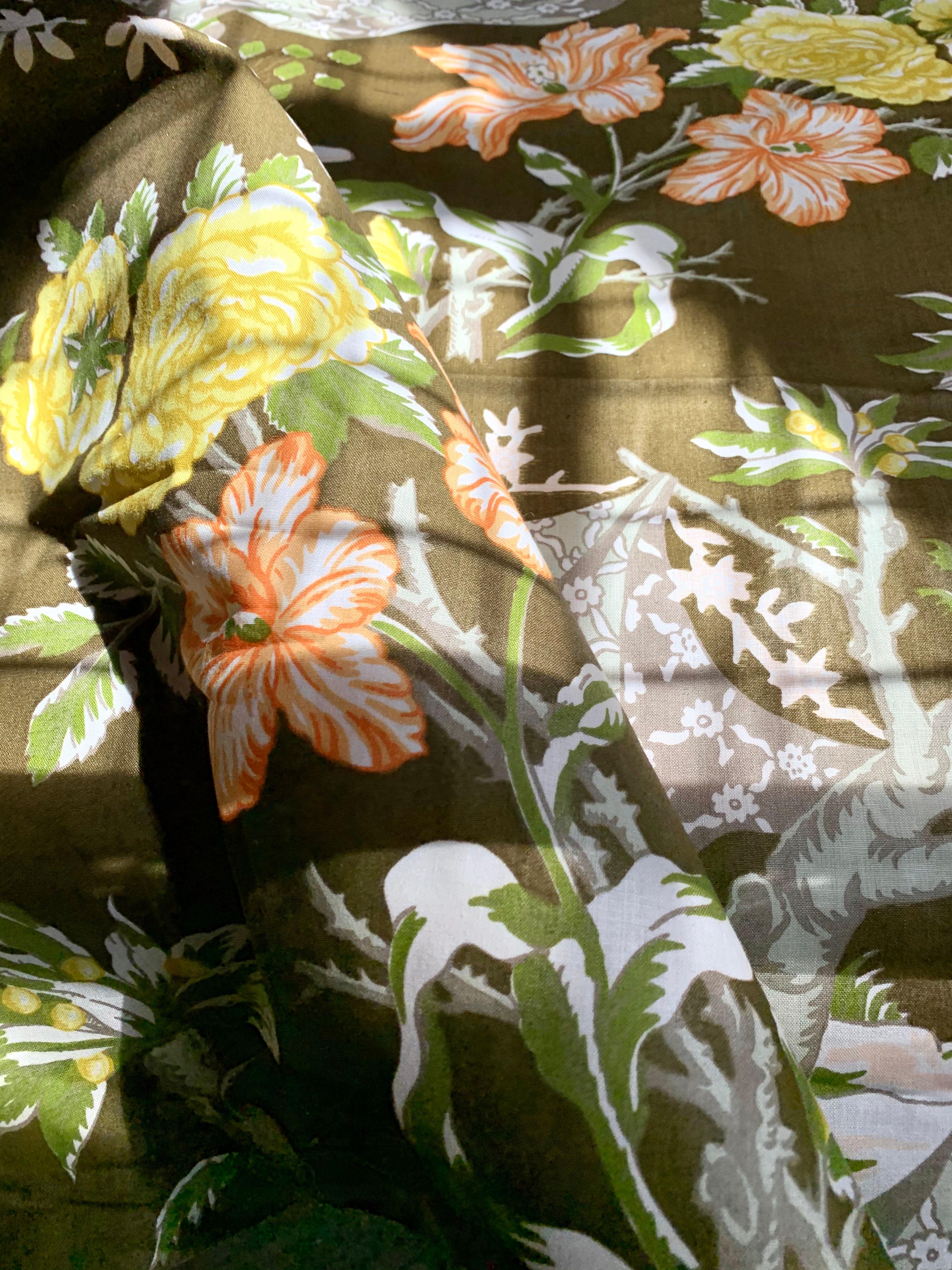 Moss Green Floral Trompe L’Oeil Handprinted Linen, Schumacher, Kent Garden, 1971 For Sale 4