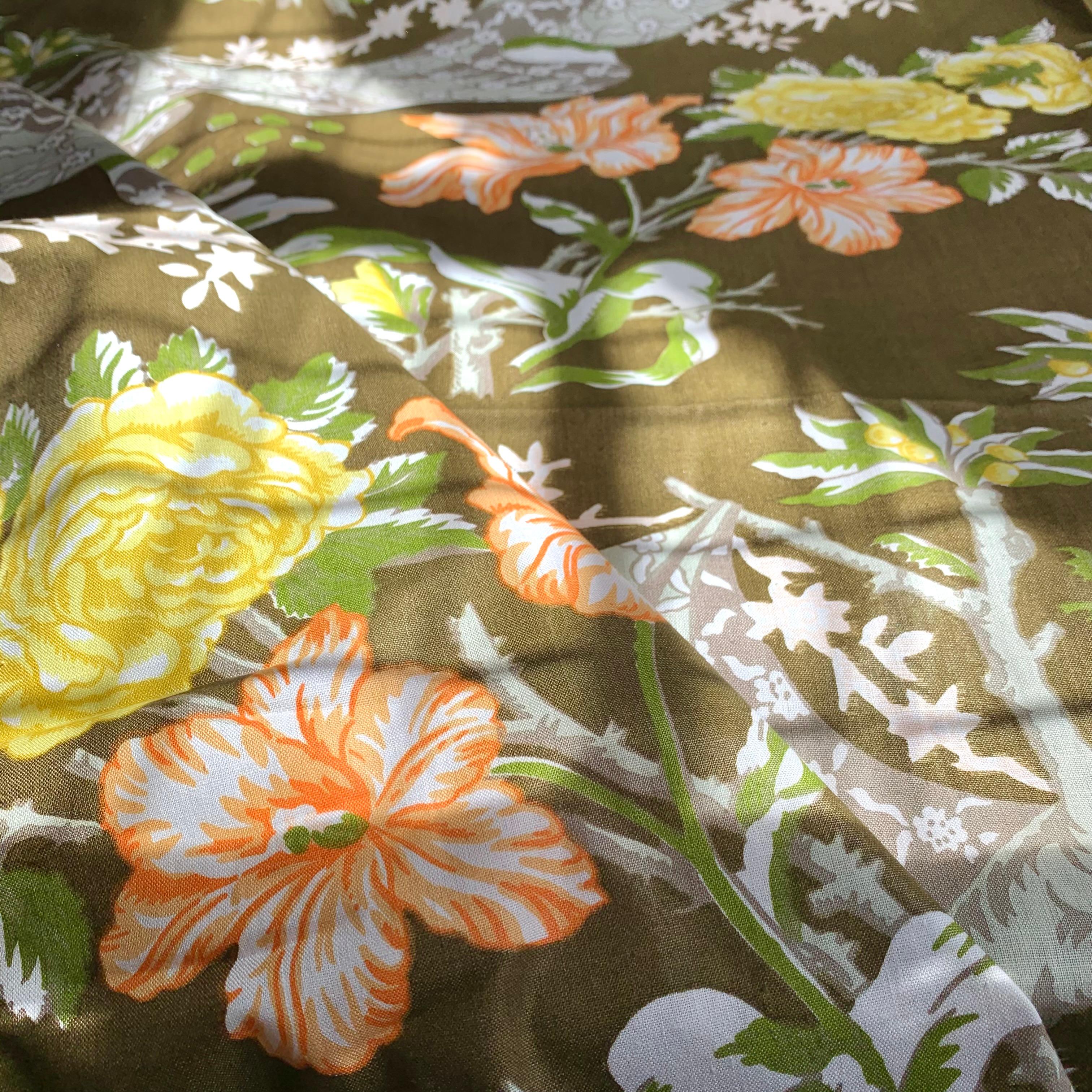 Moss Green Floral Trompe L’Oeil Handprinted Linen, Schumacher, Kent Garden, 1971 For Sale 5
