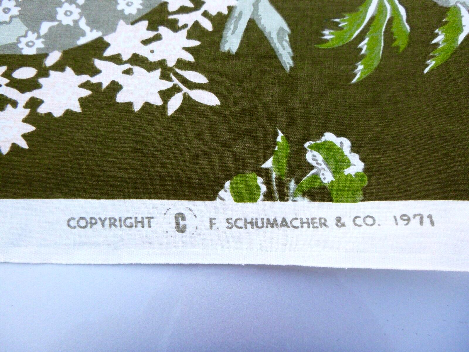 20th Century Moss Green Floral Trompe L’Oeil Handprinted Linen, Schumacher, Kent Garden, 1971 For Sale