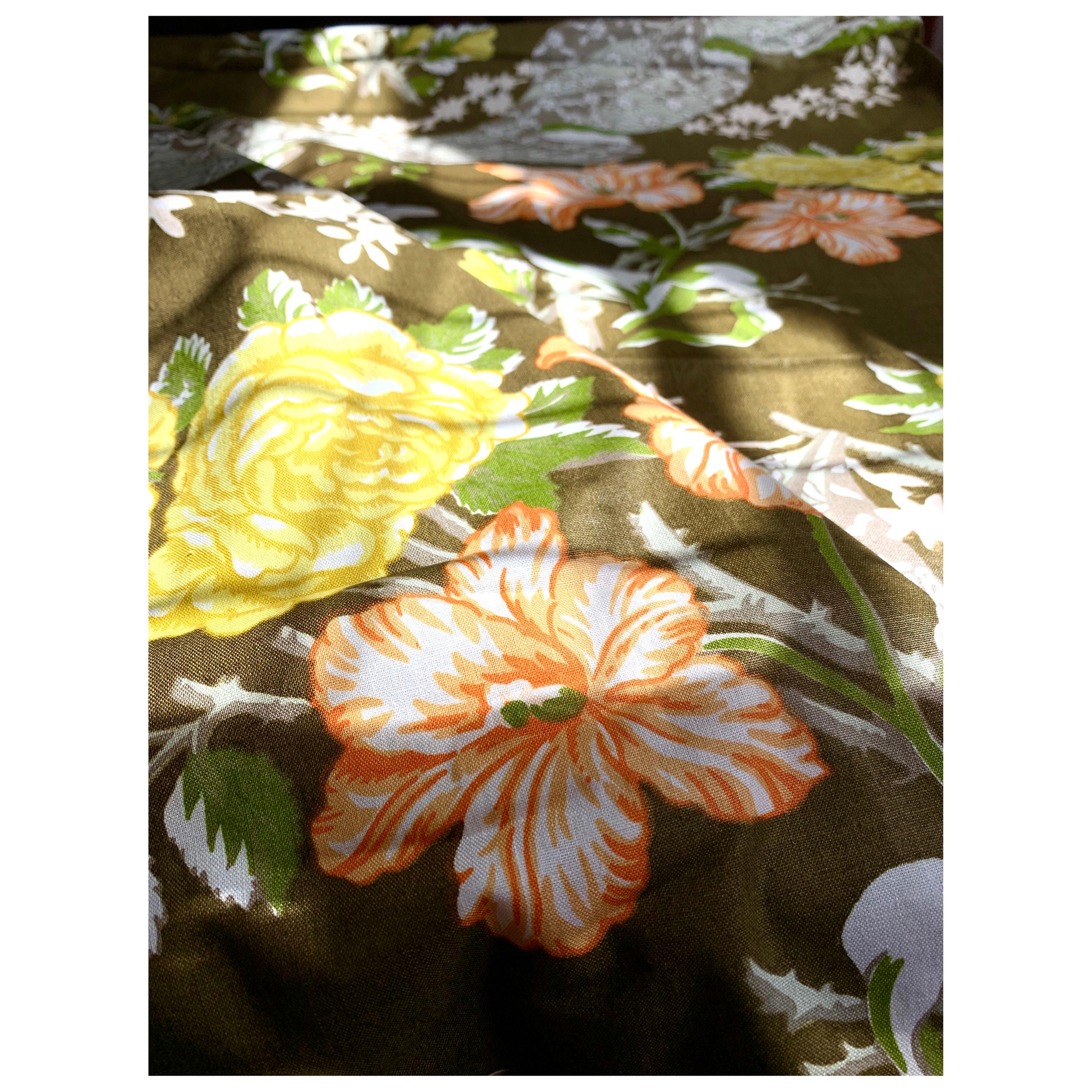 American Moss Green Floral Trompe L’Oeil Handprinted Linen, Schumacher, Kent Garden, 1971 For Sale