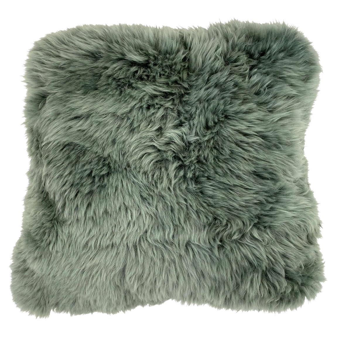 Green Fluffy Pillow Sheepskin -  Eucalyptus 18x18"  For Sale