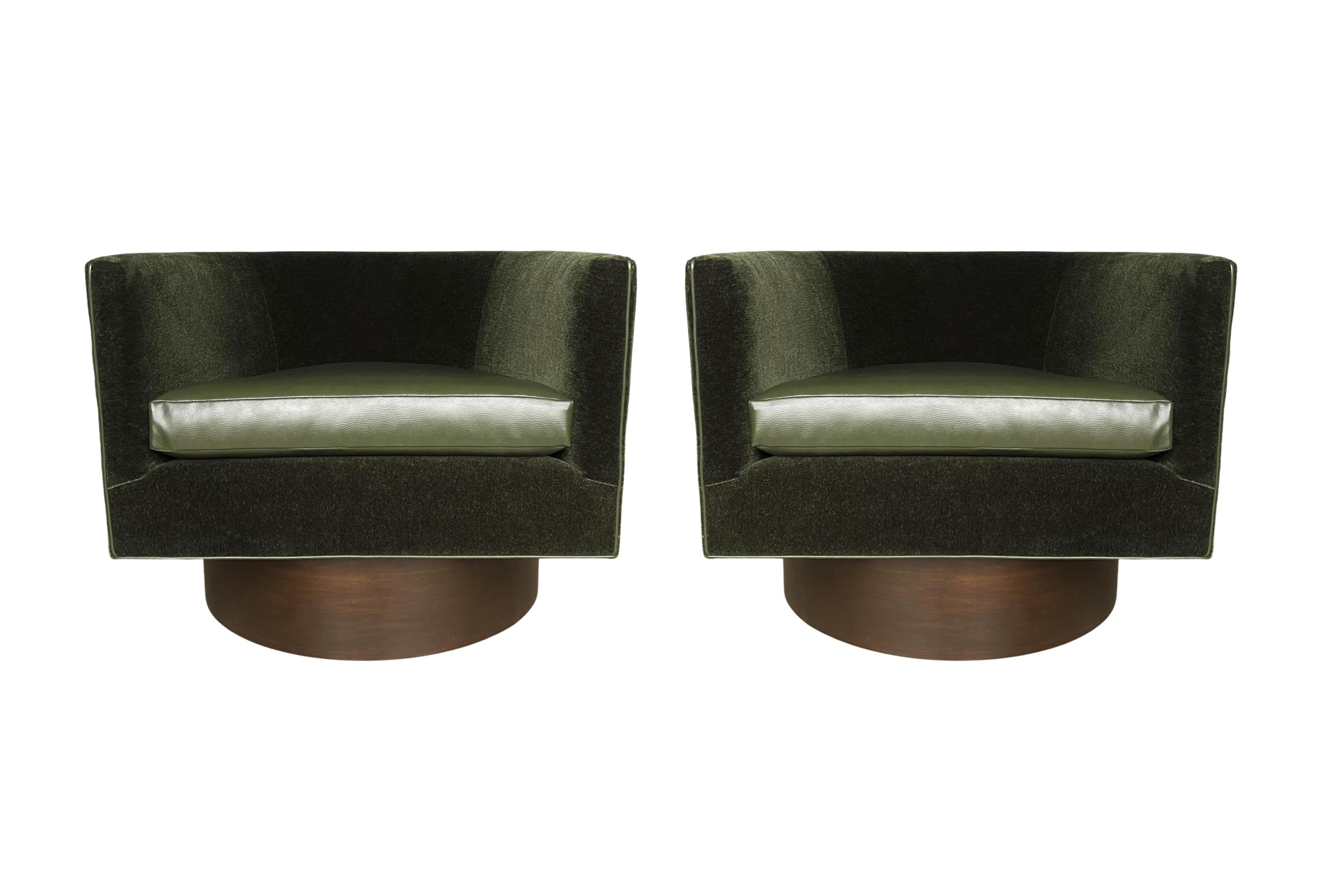 Upholstery Moss Green Mohair Swivel Chairs by Milo Baughman, Pair