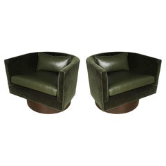 Moss Green Mohair Swivel Chairs by Milo Baughman, Pair