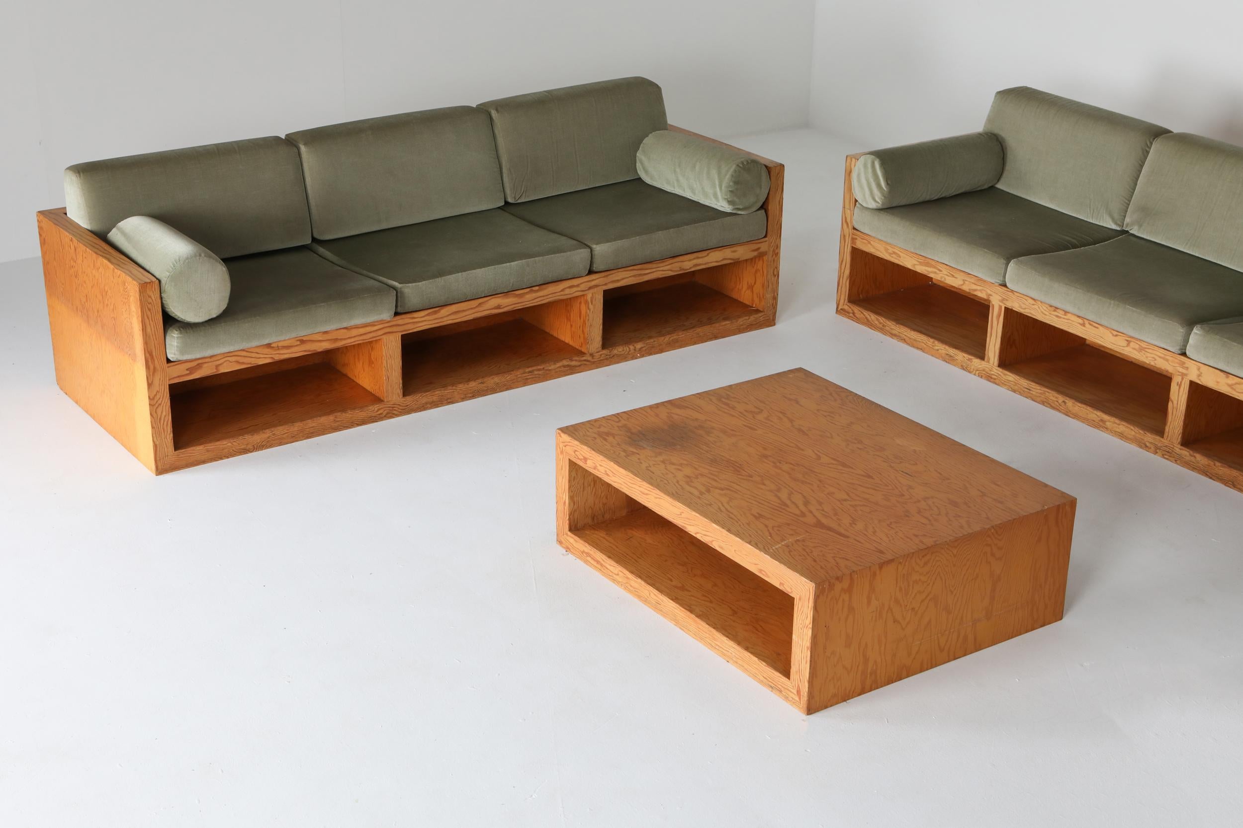 Moss Green Velvet and Pitch Pine Three-Seat Sofa 6