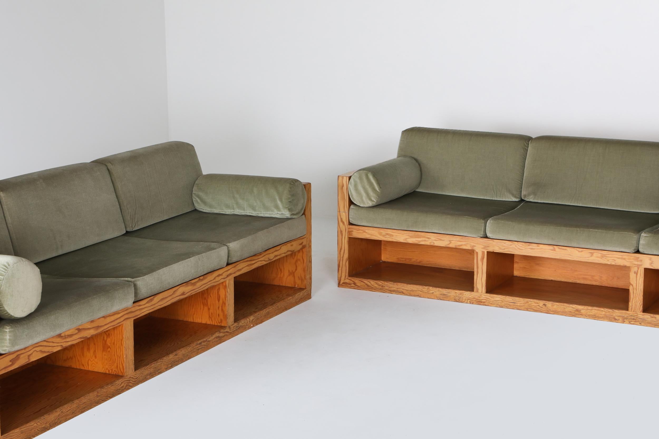 Moss Green Velvet and Pitch Pine Three-Seat Sofa 7