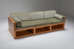 Moss Green Velvet and Pitch Pine Three-Seat Sofa