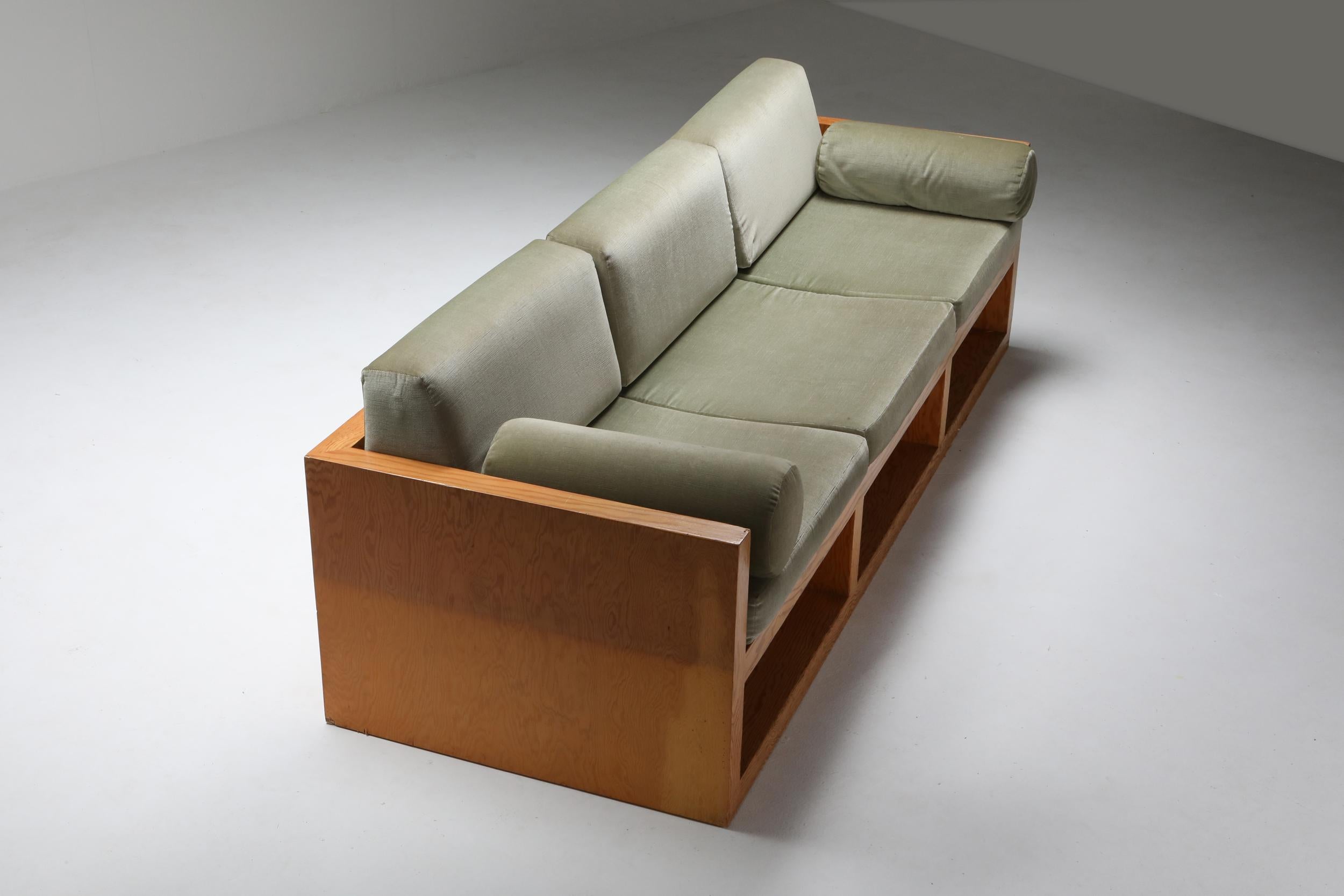 20th Century Moss Green Velvet and Pitch Pine Three-Seat Sofa