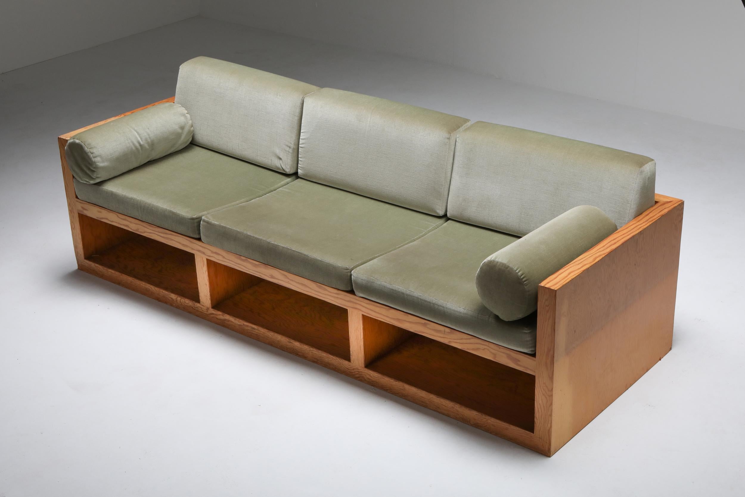 Moss Green Velvet and Pitch Pine Three-Seat Sofa 2