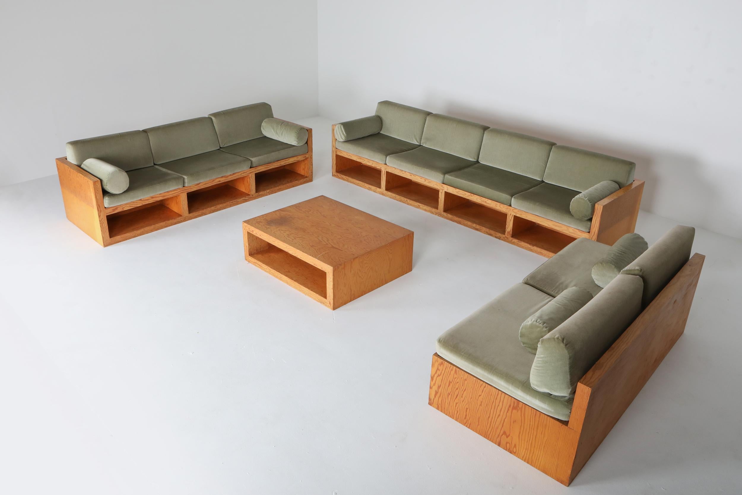Moss Green Velvet and Pitch Pine Three-Seat Sofa 5