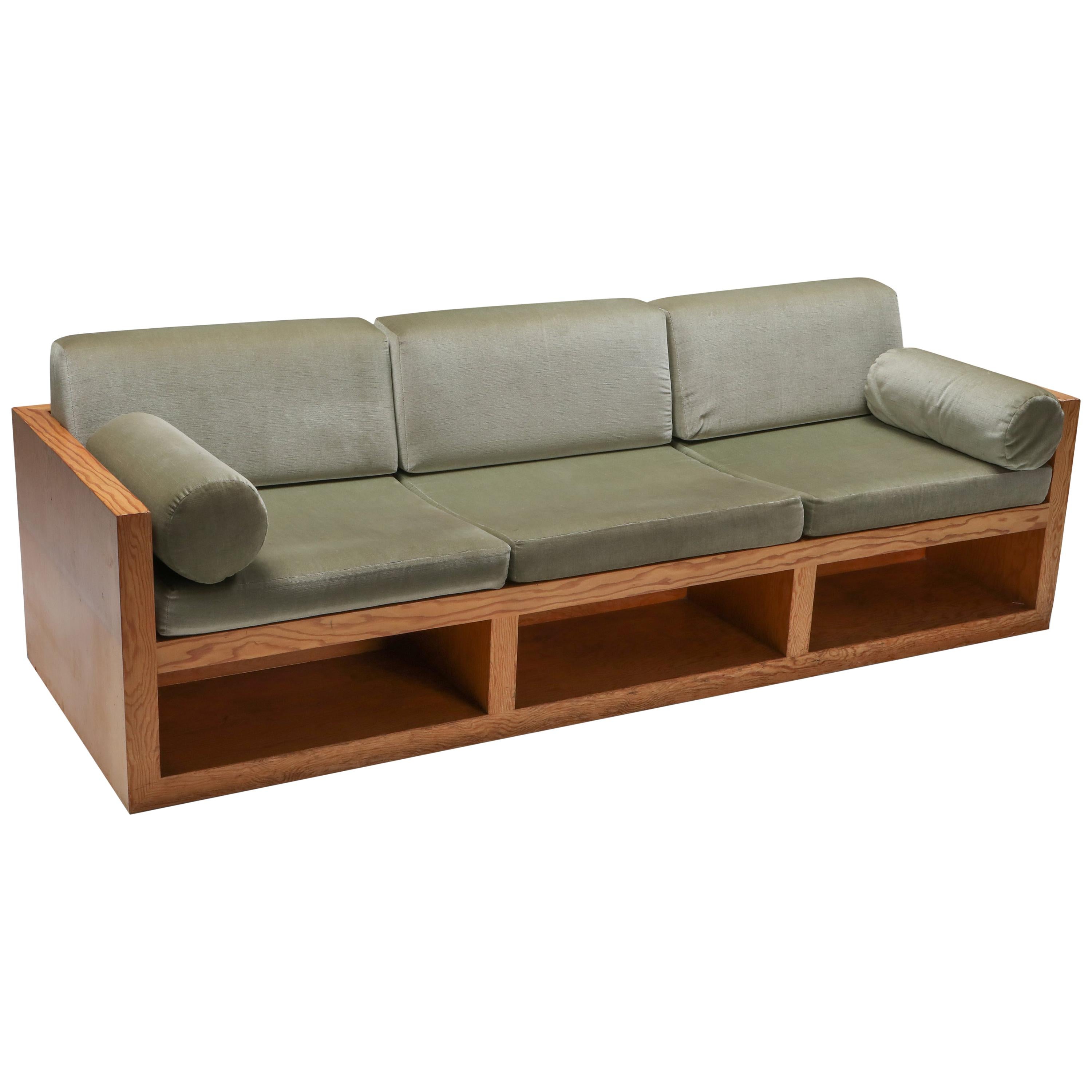 Moss Green Velvet and Pitch Pine Three-Seat Sofa