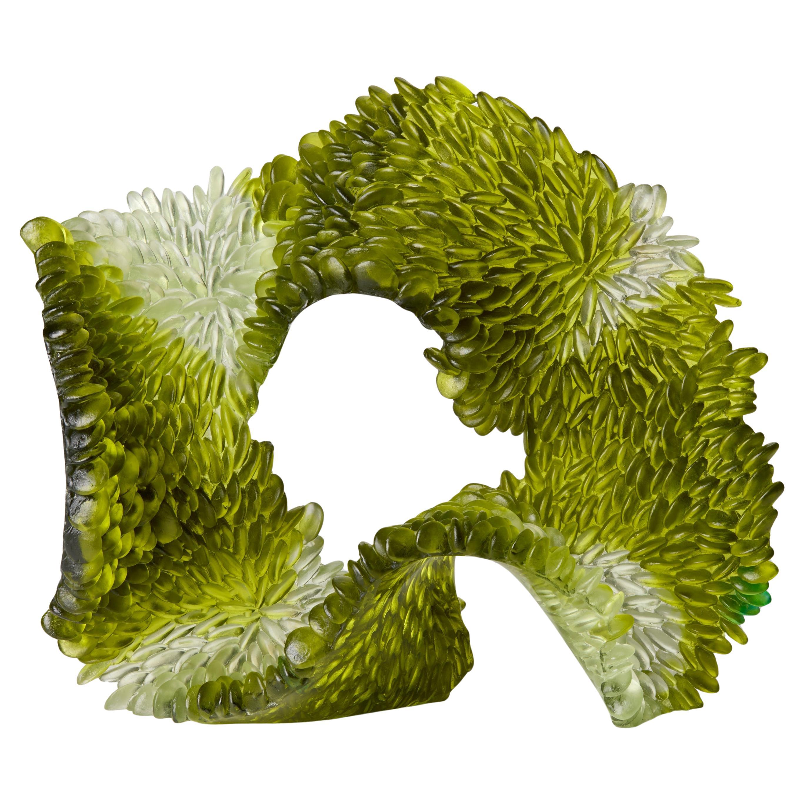 Moss Greens III, green
clear textured glass sculpture by Nina Casson Mcgarva