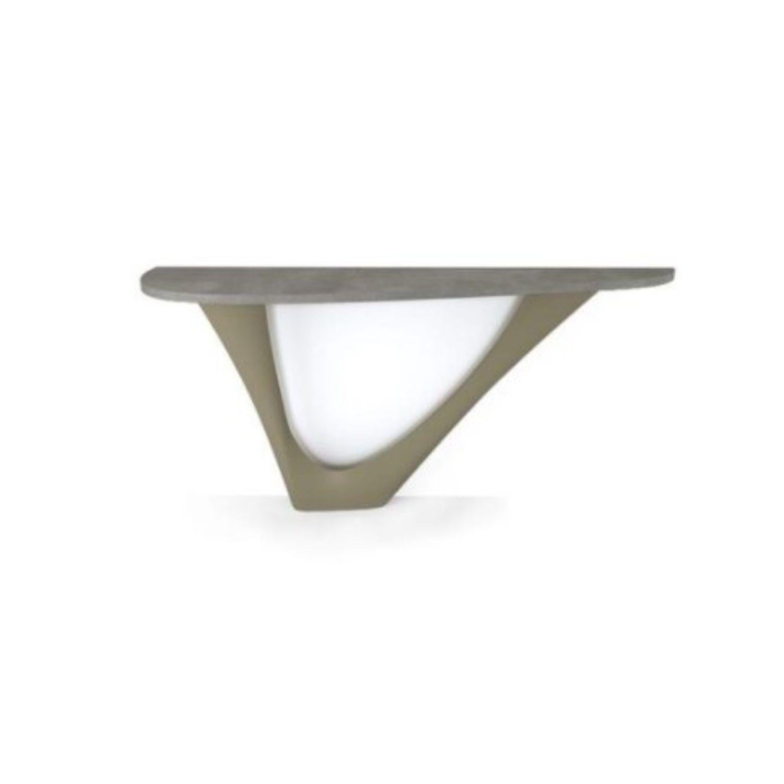 Moss Grey G-Console mono steel base with concrete top by Zieta
Dimensions: D 43 x W 159 x H 75 cm 
Material: Concrete, carbon steel.
Also available in different colors and dimensions.

G-Console is another bionic object in our collection. Created