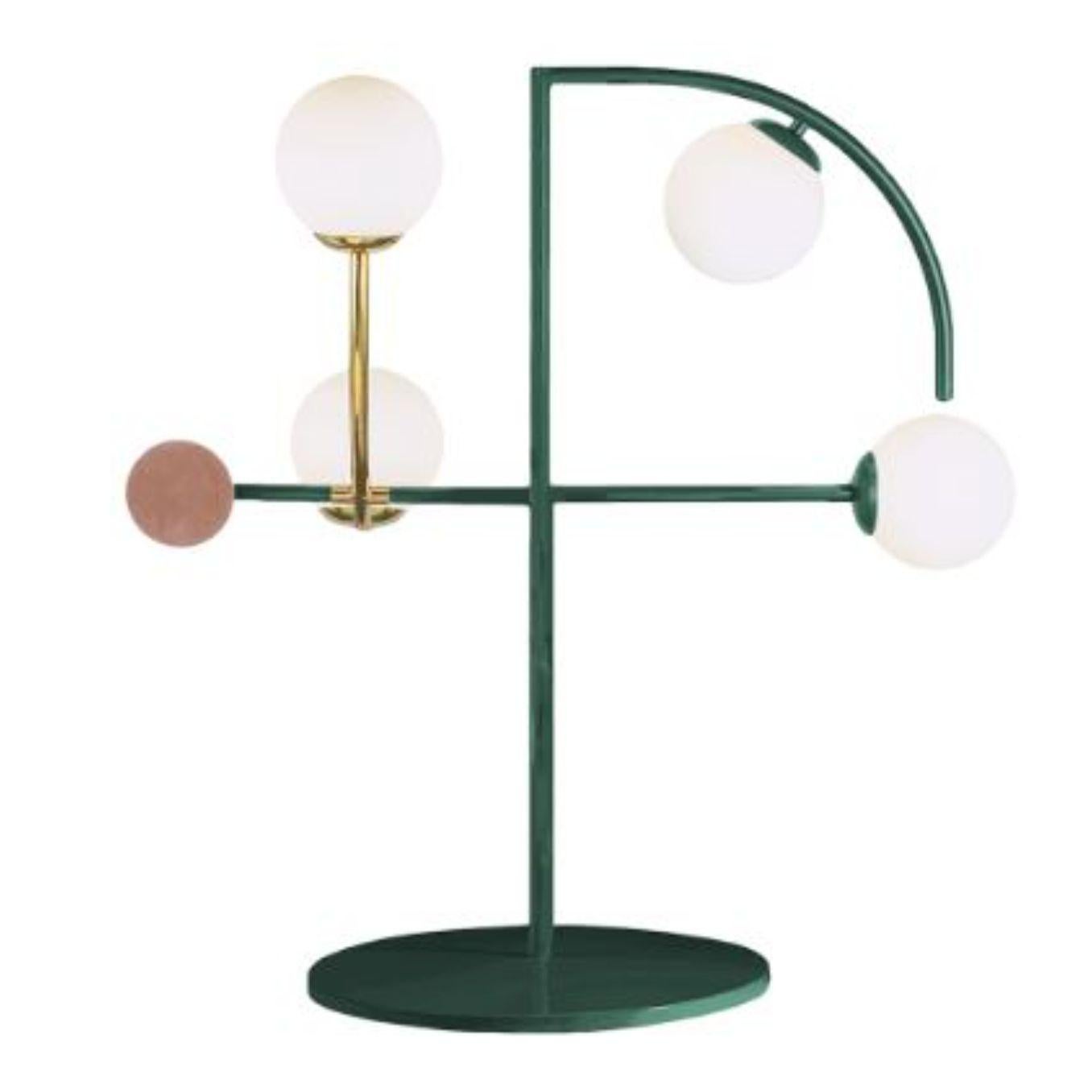 Moss Helio table lamp by Dooq.
Dimensions: W 50 x D 25 x H 67 cm.
Materials: lacquered metal, brass/nickel.
Also available in different colours and materials. 
Information:
230V/50Hz
4 x max. G9
4W LED

120V/60Hz
4 x max. G9
4W LED

All