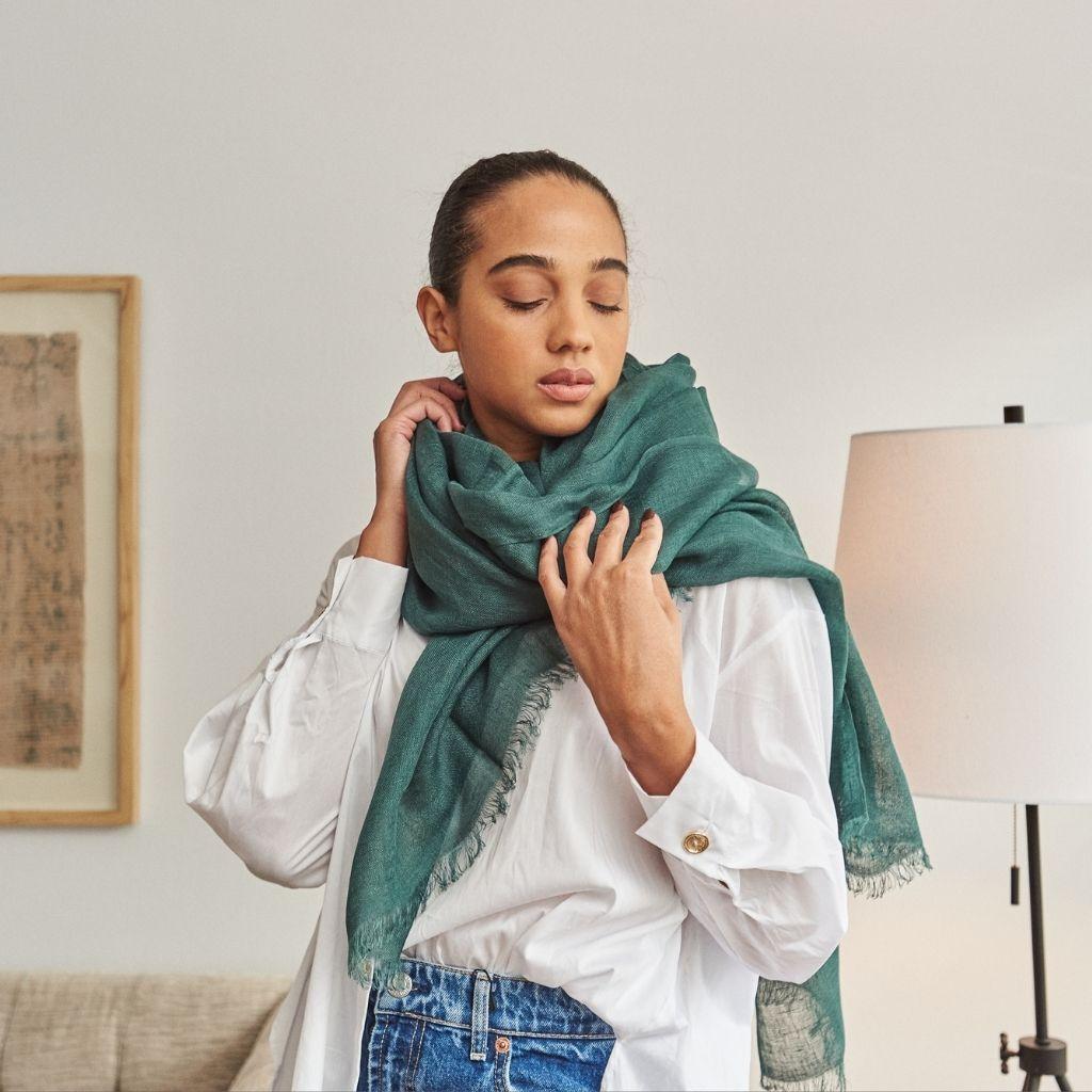 Custom design by Studio Variously, Moss is a light weight linen scarf. It is finely handwoven by master artisans in Nepal.  

A sustainable design brand based out of Michigan, Studio Variously exclusively collaborates with artisan communities to