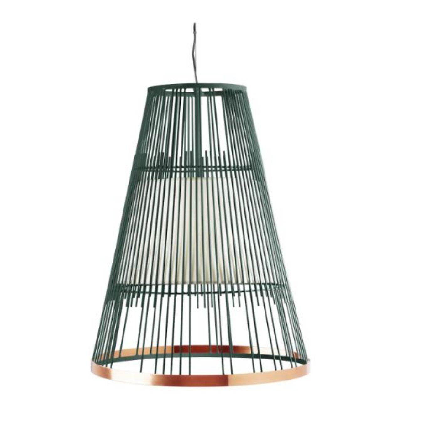 Moss up suspension lamp with copper ring by Dooq.
Dimensions: W 55 x D 55 x H 72 cm
Materials: lacquered metal, polished or brushed metal, copper.
abat-jour: cotton
Also available in different colors and materials.

Information:
230V/50Hz
E27/1x20W