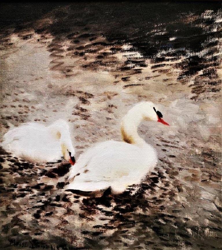 Mosse Stoopendaal Animal Painting - “Swans", Post-impressionist swans in a river backdrop, original oil on board