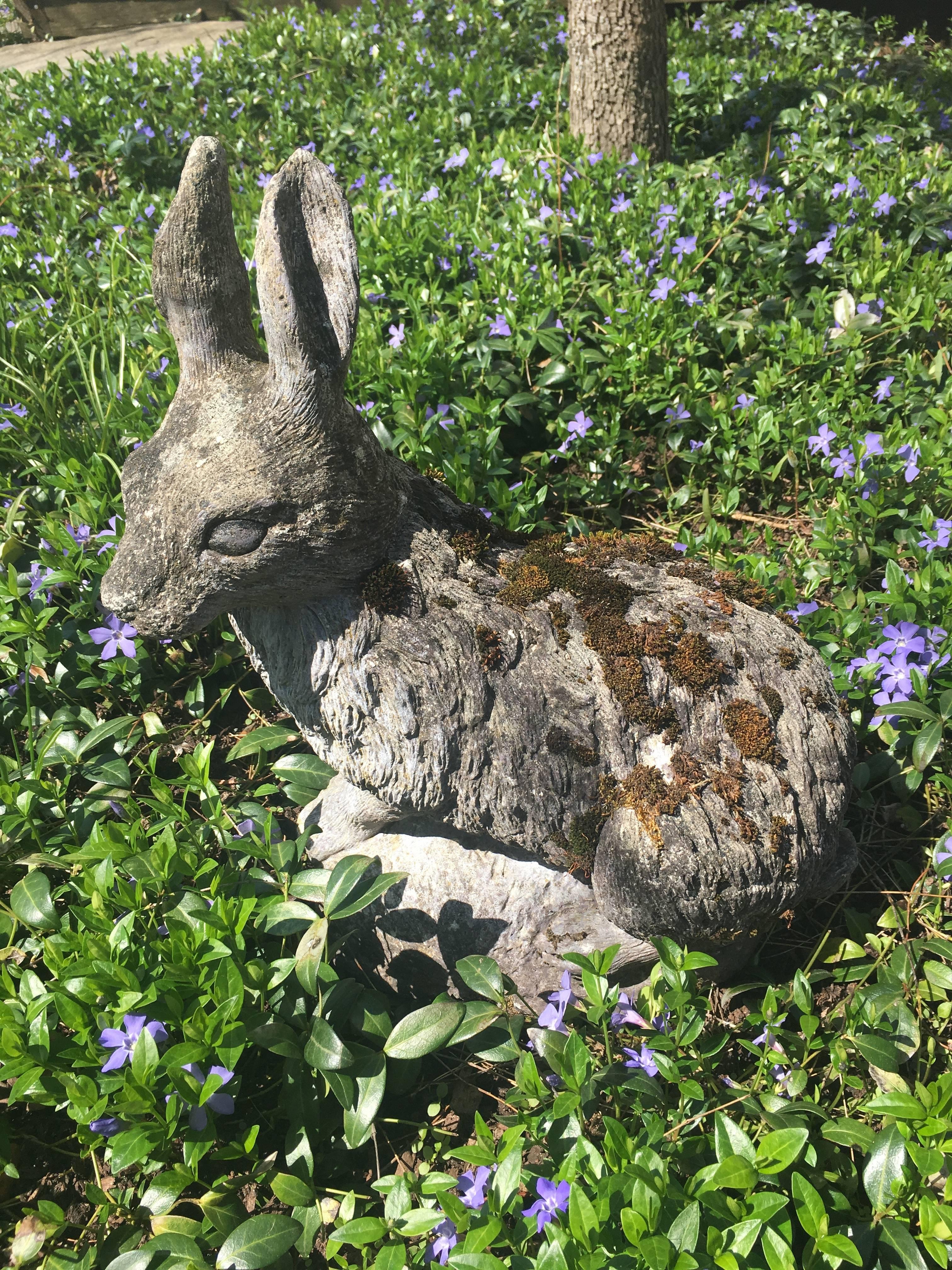 This darling bunny has a sweet, alert expression, unusual form, loads of moss on his back, and beautiful weathering all over. Devoid of chips or repairs, he is in perfect condition and has good depth to the casting. Place him in moist and shady spot