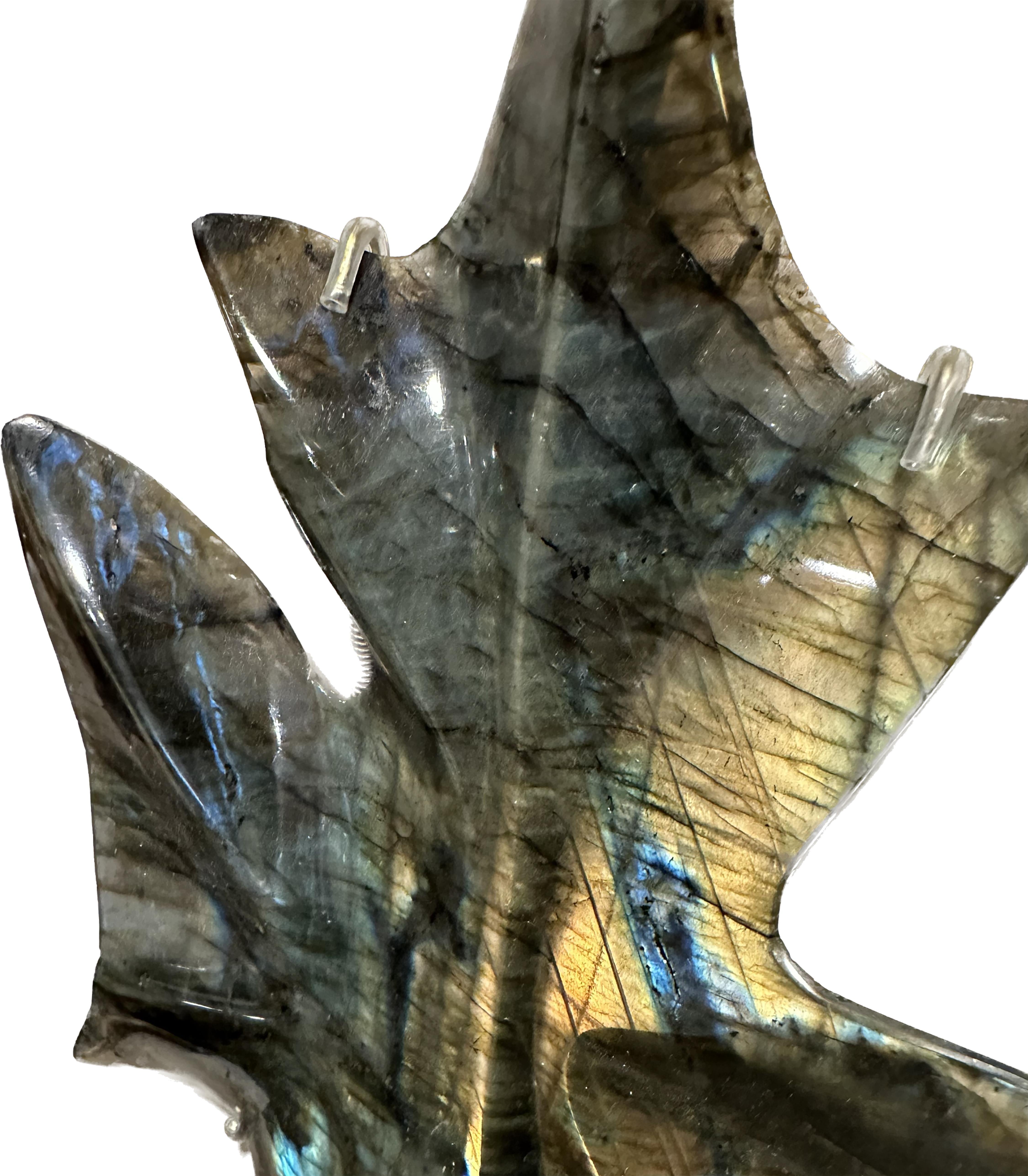 Hand-Carved Leaf Carved and Polished from Mossy Forest Green Lobrandite  For Sale