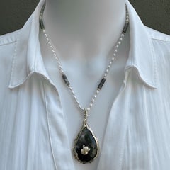 Moss Agate, Pearl & 14K Gold Necklace with Large Drop Pendant Hosting Tiny Frog