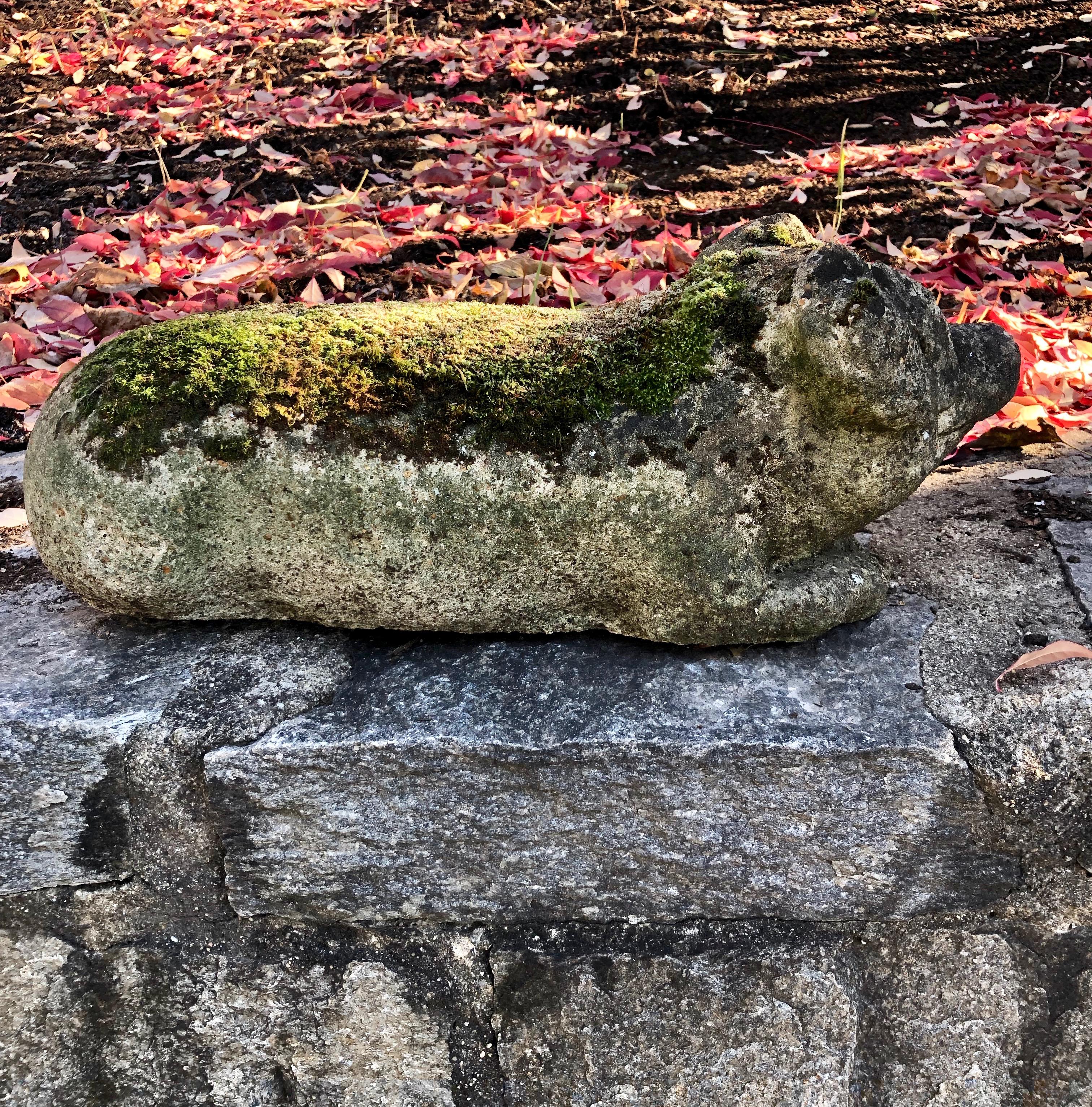 We love animal statues, particularly ones with character, great surface and, preferably, moss and this little piggy does not disappoint. In an unusual recumbent position, he has a heavily weathered surface and tons of moss. In wonderful vintage