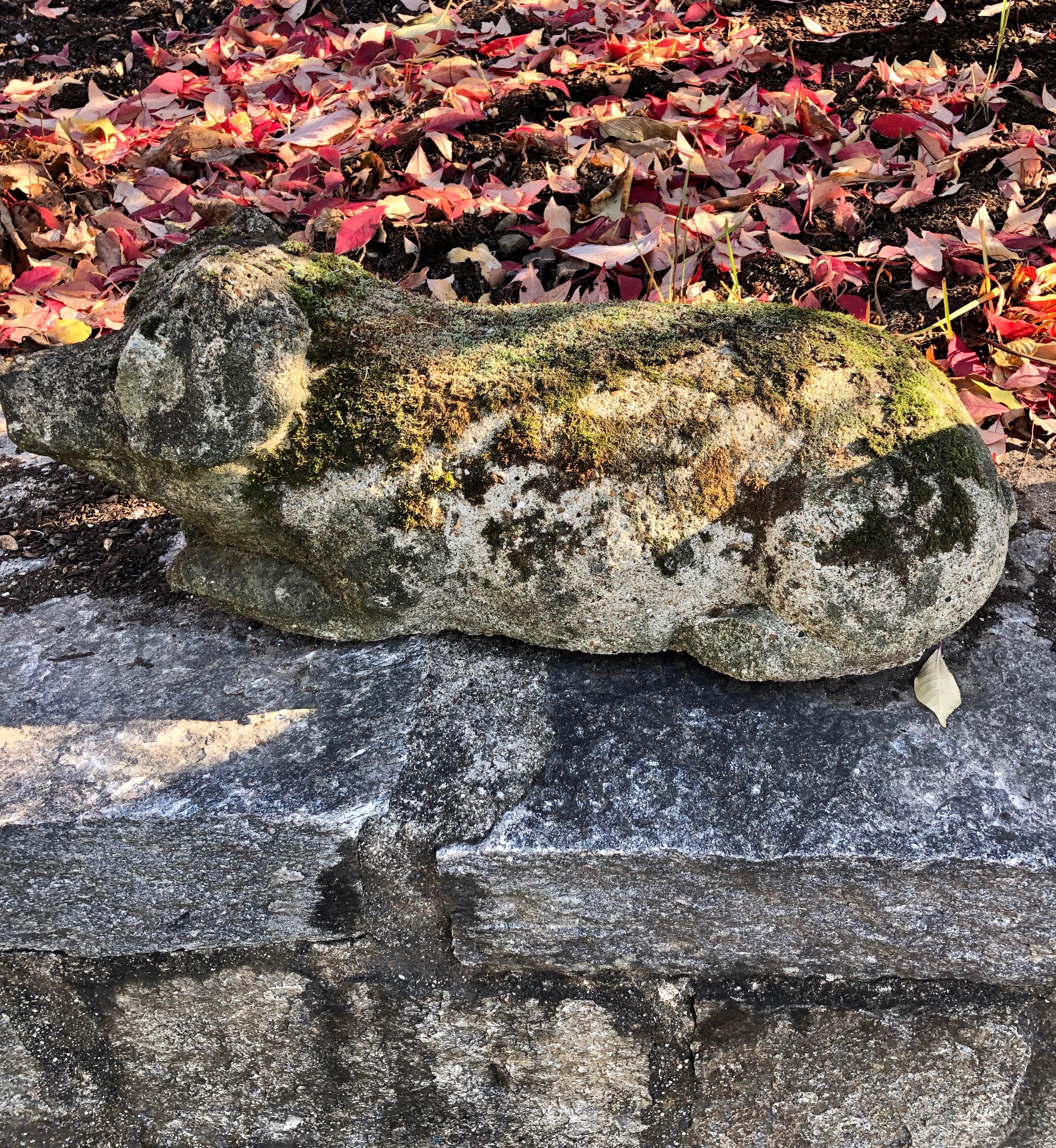 Mossy Recumbent English Cast Stone Pig In Good Condition In Woodbury, CT