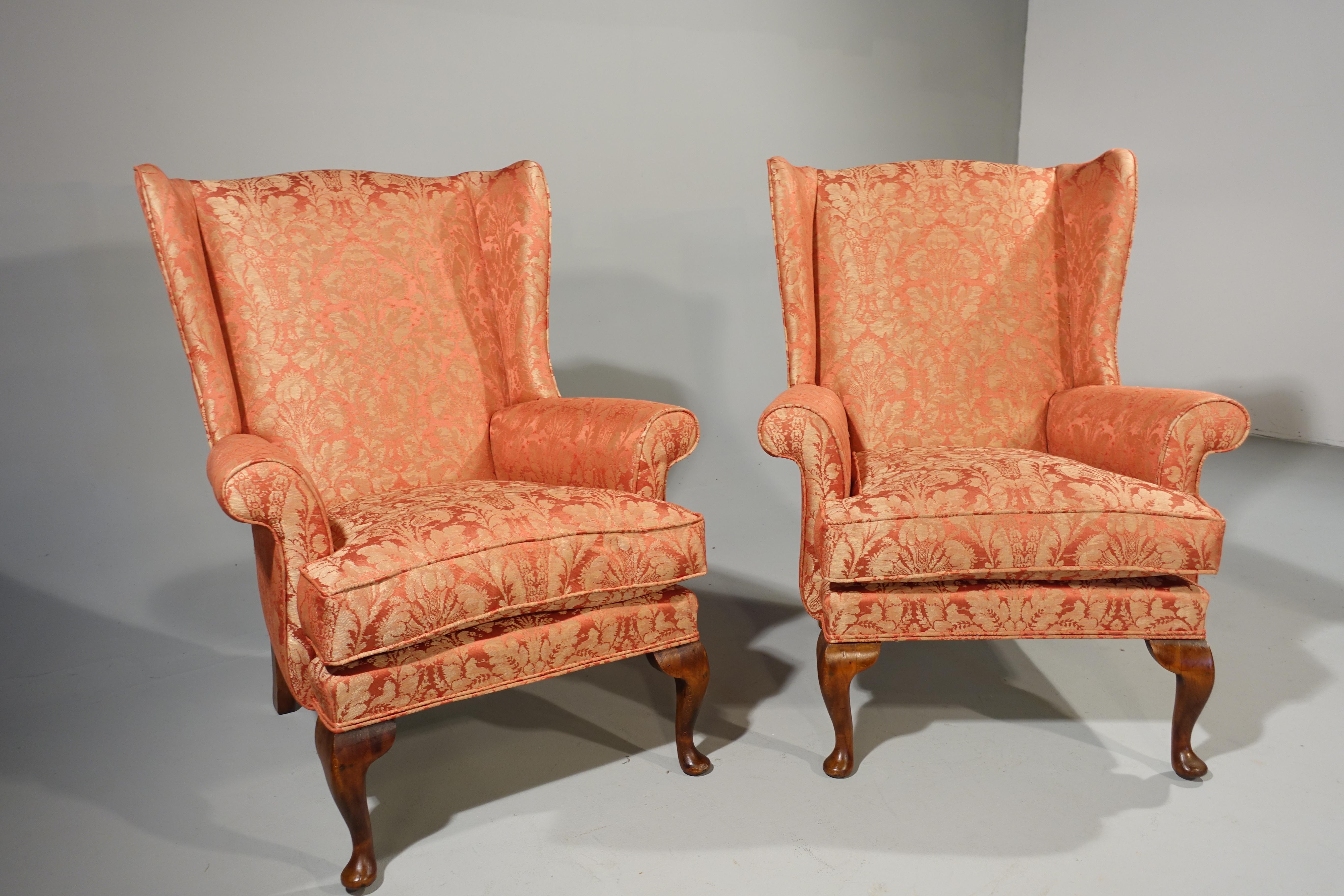 English Most Attractive Pair of George II Style Walnut Framed Wing Chairs