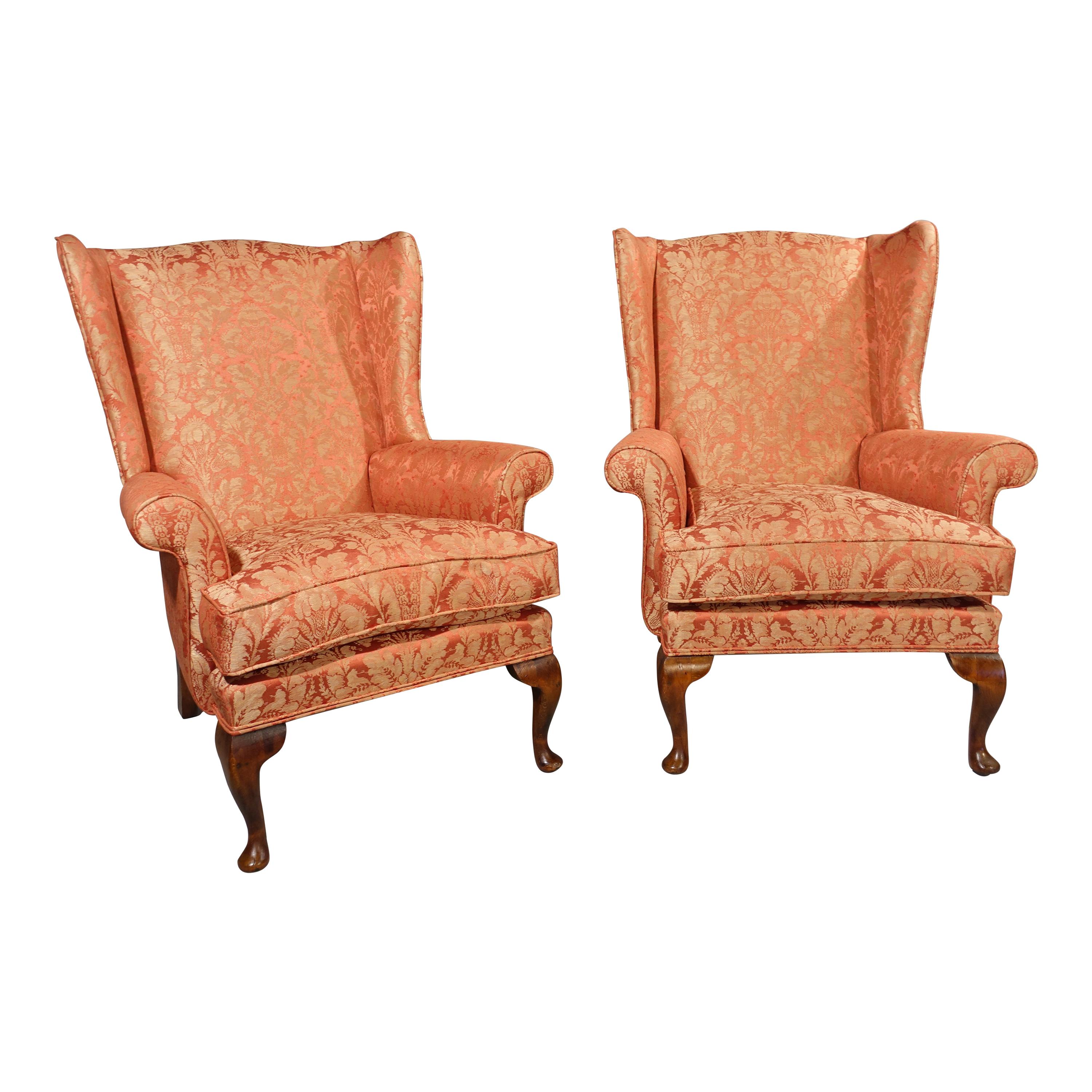 Most Attractive Pair of George II Style Walnut Framed Wing Chairs