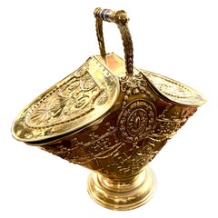 Most Rare and Important Antique English Hand Chased Brass 2-Sided Adam Coal Hod