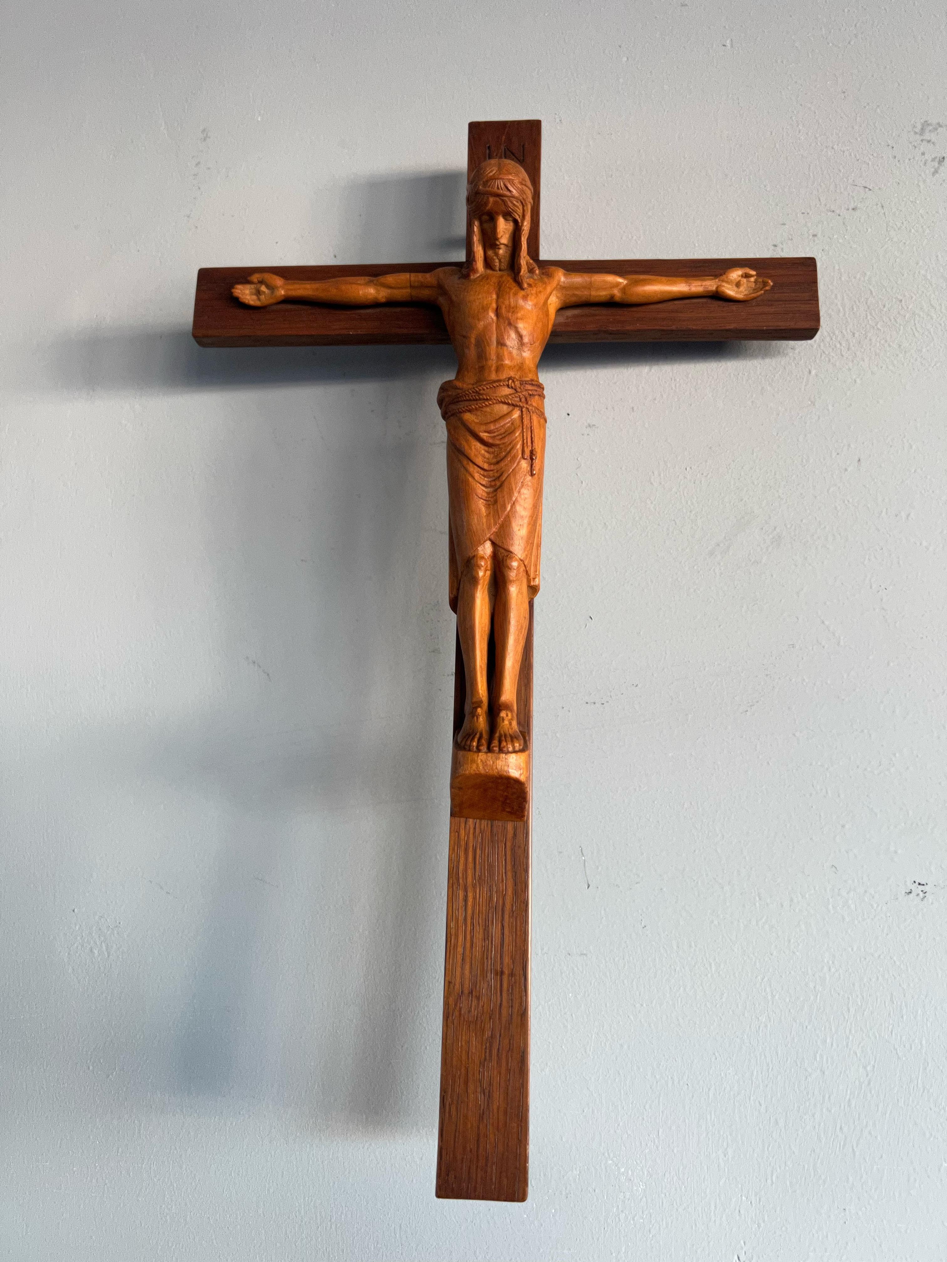 20th Century Most Stylish Antique Carved Crucifix w. Corpus of Christ Sculpture, Maria Laach For Sale