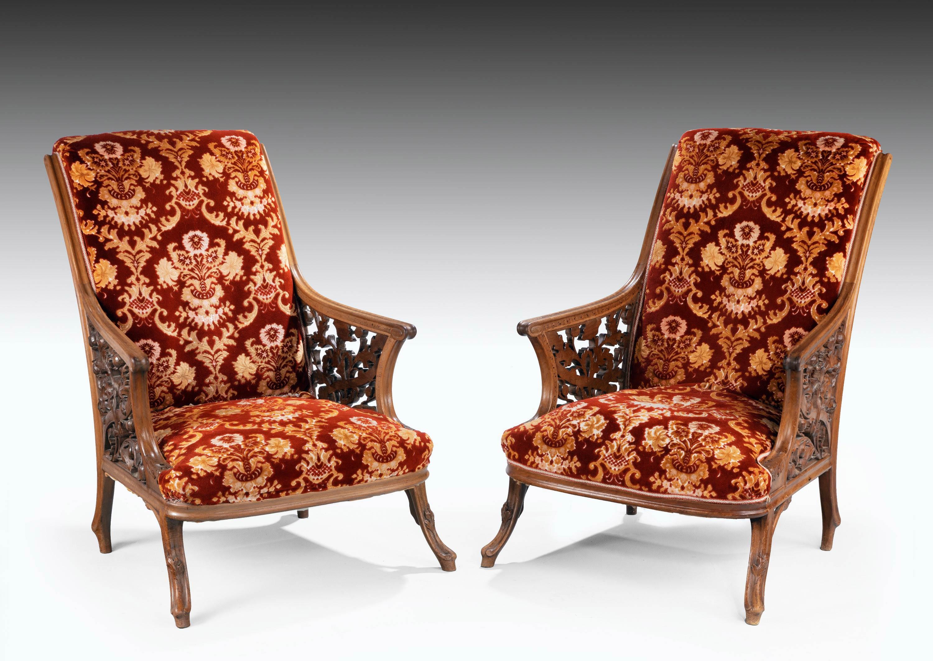 Most Unusual and Fine Pair of 19th Century Mahogany Framed Easy Chairs 1