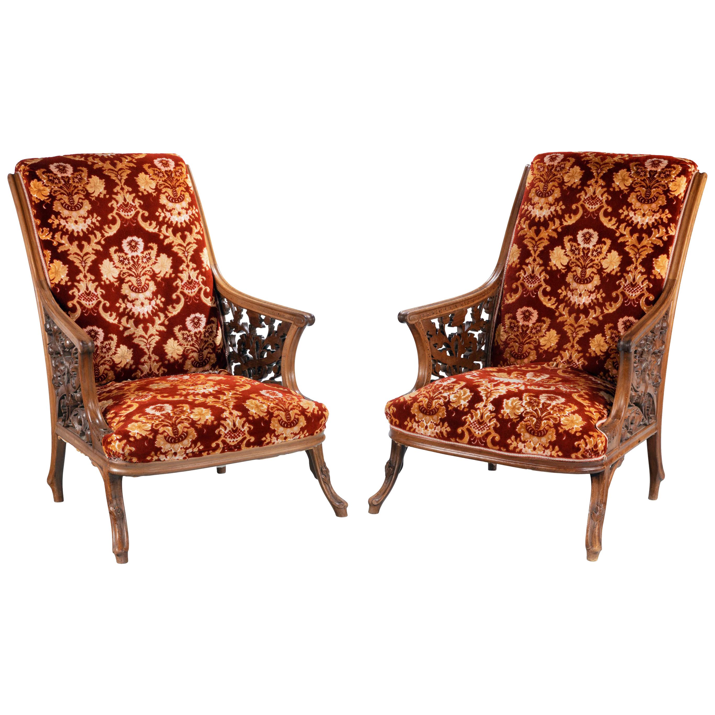Most Unusual and Fine Pair of 19th Century Mahogany Framed Easy Chairs