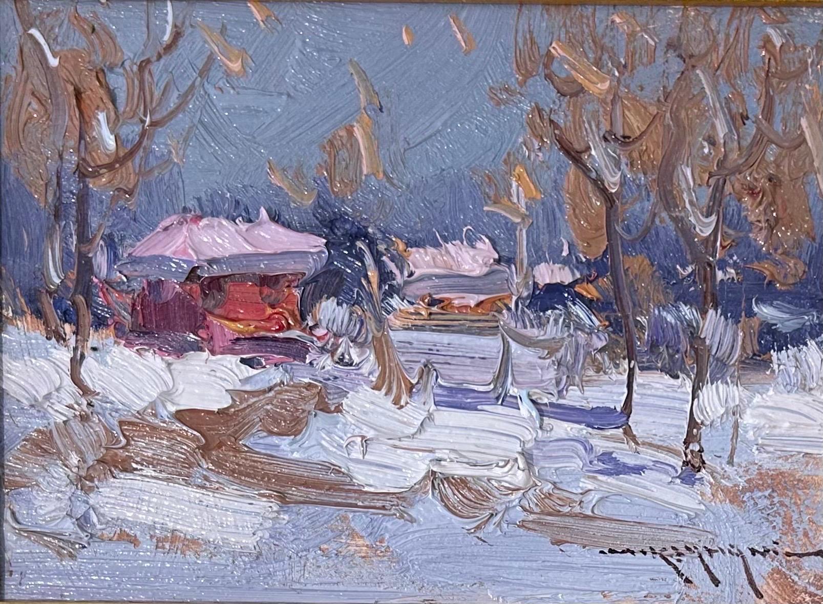 ‘Winter’ Snowy Rural Landscape Impressionist Oil Painting - Beige Landscape Painting by Mostafa Keyhani