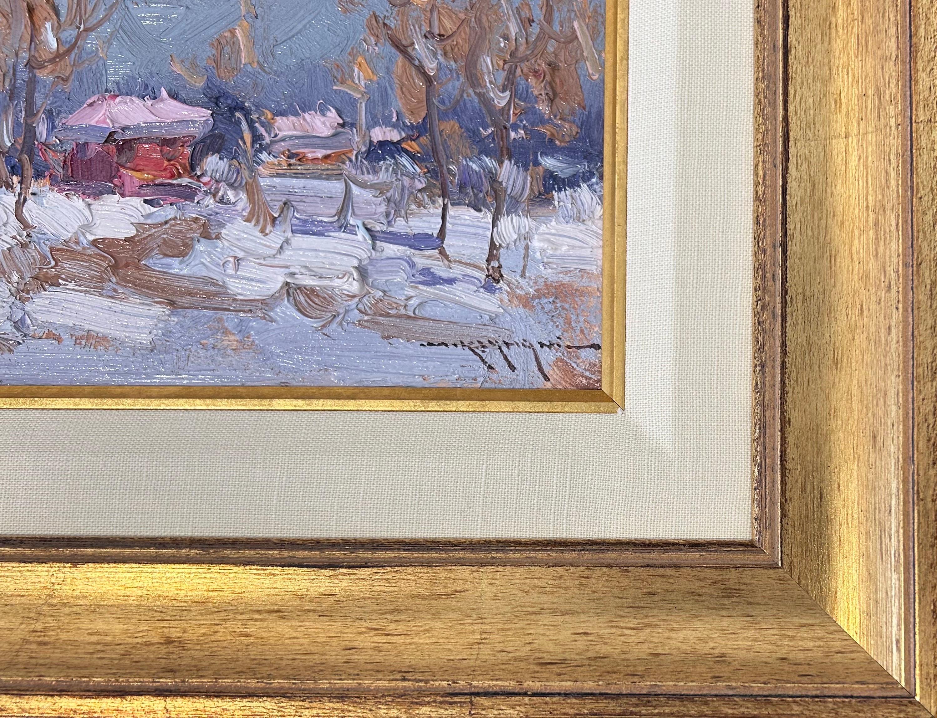 Impasto style brushwork brings to life this sketch sized winter landscape. Featuring a rural community weathering a heavy snow fall the focus of this sketch. This highly textured piece captures the feeling of fresh snow drifts on a winters