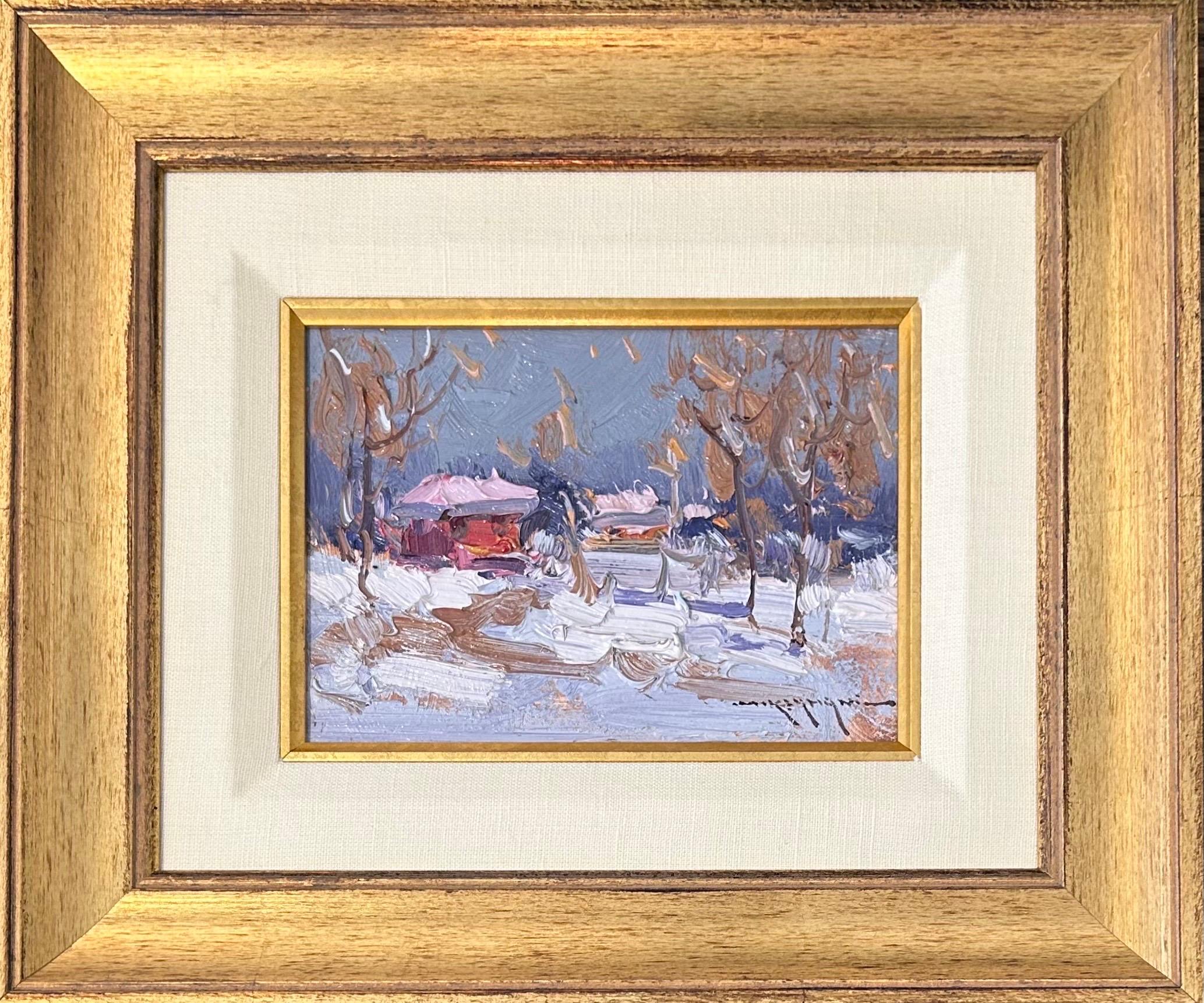 Mostafa Keyhani Landscape Painting - ‘Winter’ Snowy Rural Landscape Impressionist Oil Painting