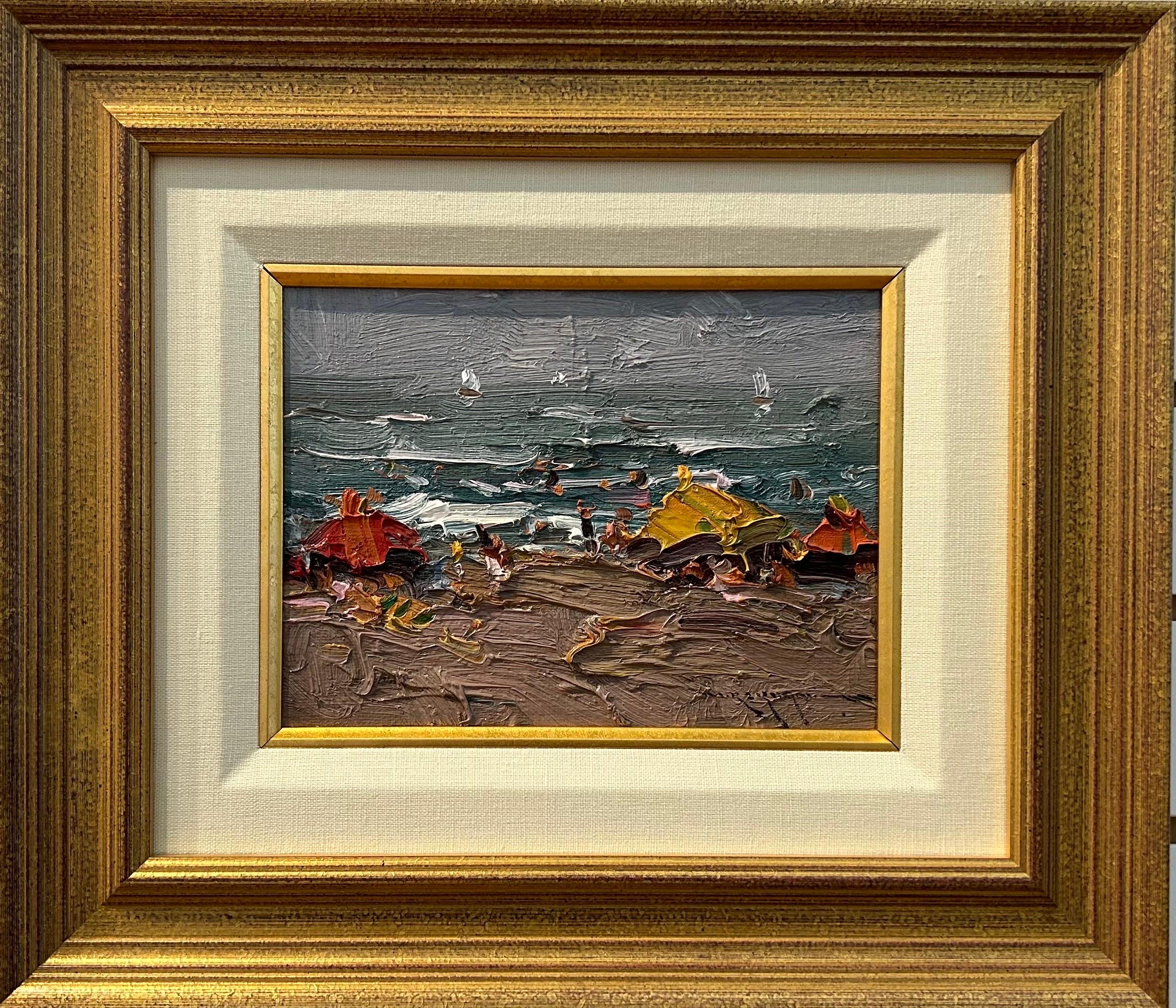 Mostafa Keyhani Landscape Painting – Gelbe und rote Umbrellas" Strand Seelandschaft Impressionist Ölgemälde