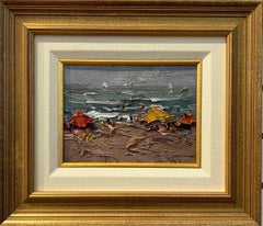 Peinture à l'huile impressionniste 'Parapluies jaunes et rouges' sur la plage