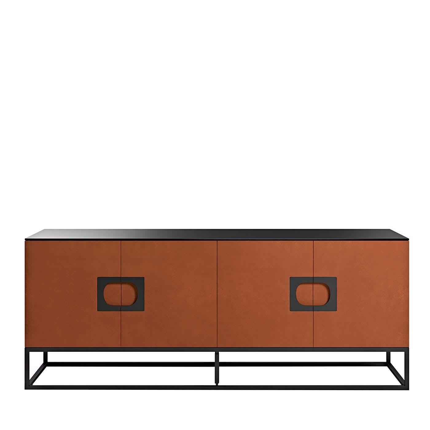 A splendid piece of plush sophistication, this sideboard will elevate the look of a living room, especially if matched to the Mystique bar cabinet. A superb combination of refined materials, it rests on a matte-black lacquered steel structure and