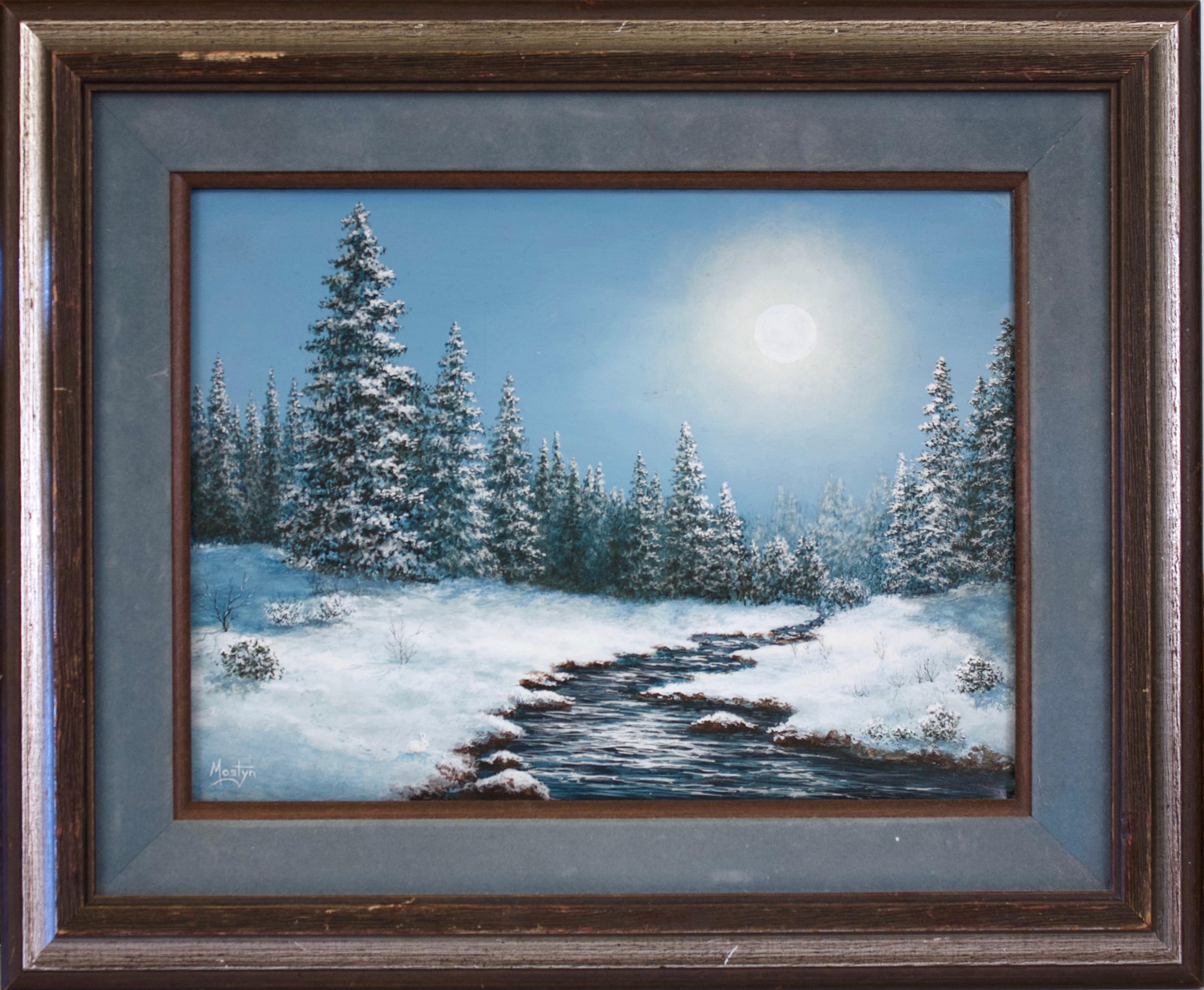 Winter Landscape with Moon - Painting by Mostyn
