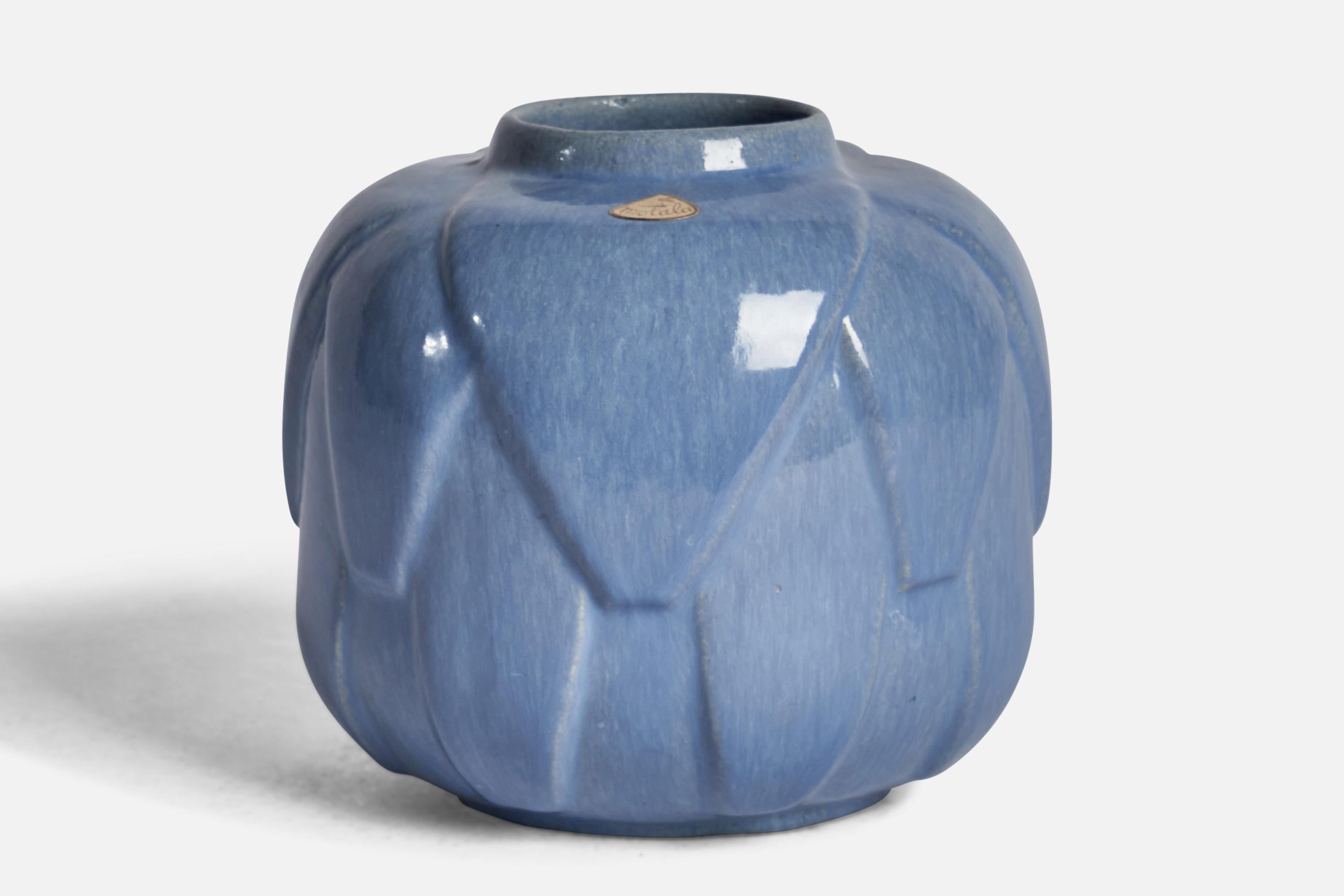 A blue-glazed ceramic vase designed and produced by Motala Keramik, Sweden, 1930s
