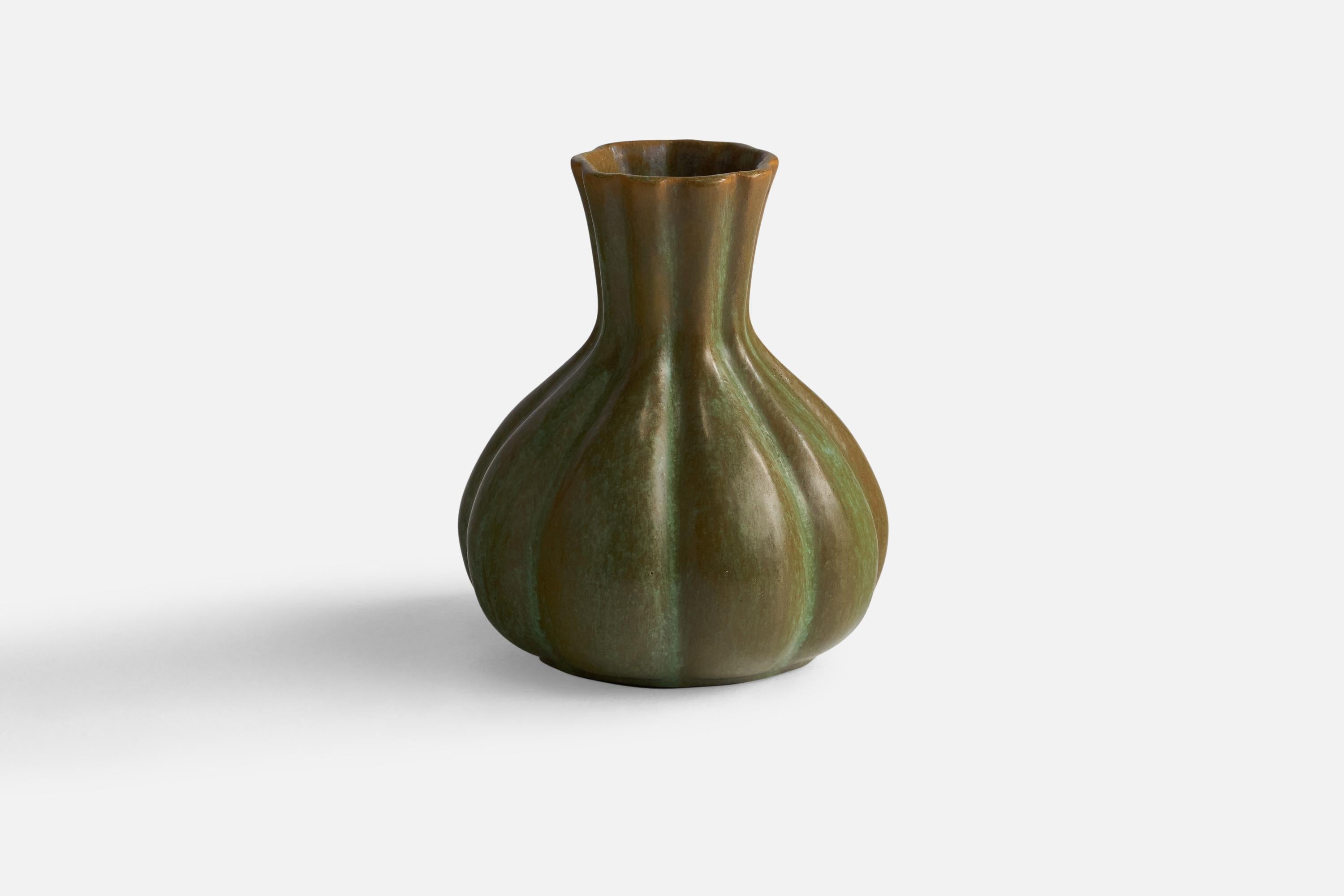 A green-glazed fluted vase designed and produced by Motala Lervarufabrik, Sweden, 1930s.