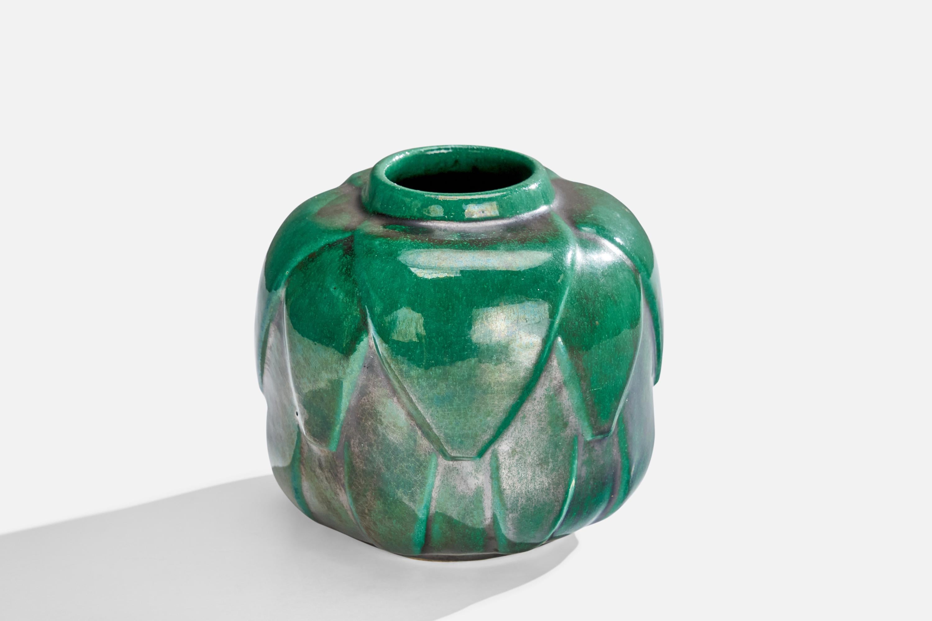A green-glazed vase designed and produced by Motala Lervarufabrik, Sweden, 1930s.