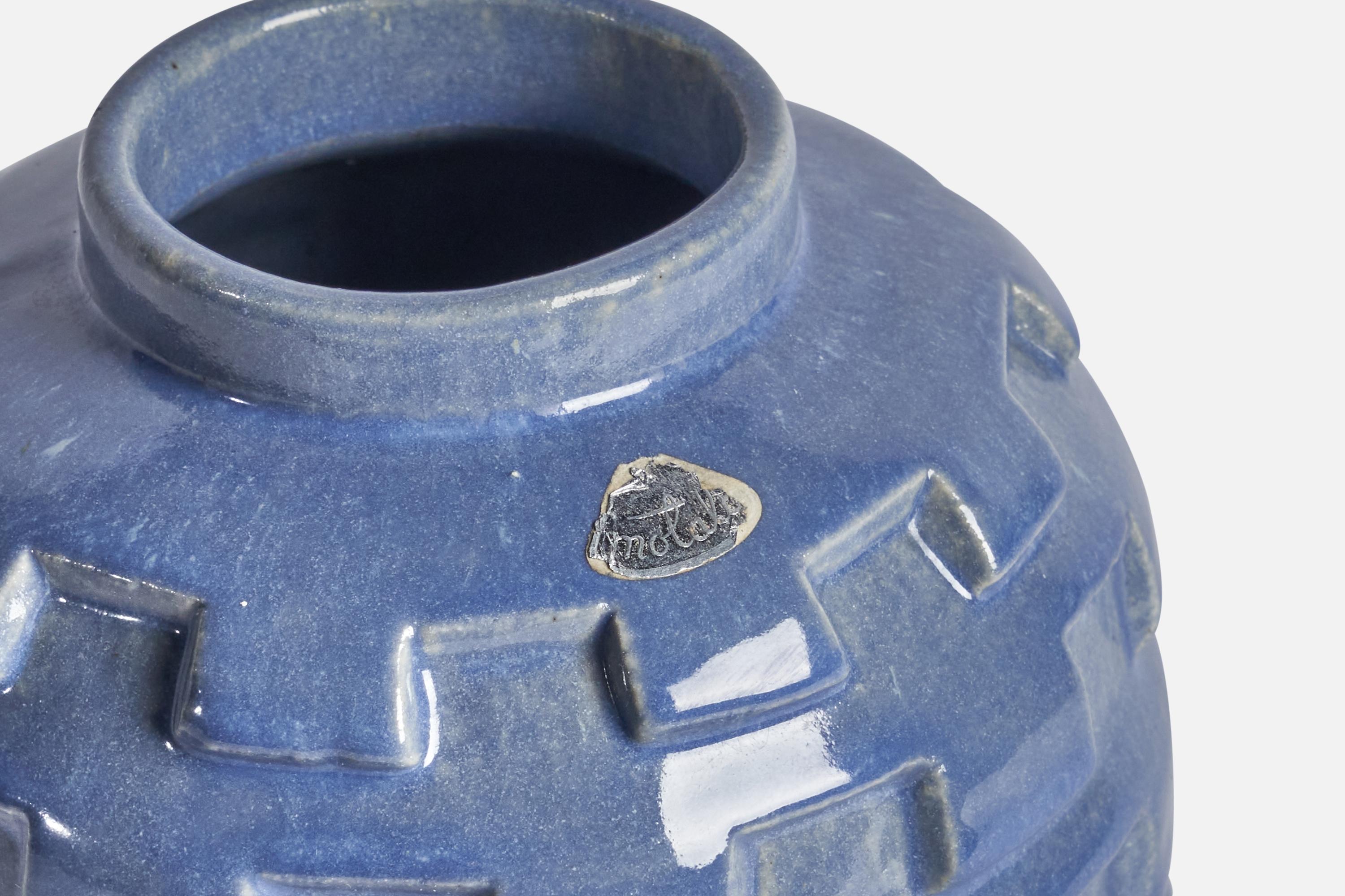 A blue-glazed earthenware vase designed and produced by Motala Lervarufabrik, Sweden, 1930s.