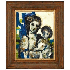 'Mother and Child' Abstract Mid-Century Modern Unsigned Oil on Canvas