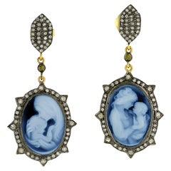 Vintage Mother and Child Agate Cameo Dangle Earrings With Diamonds 23.69 Carats