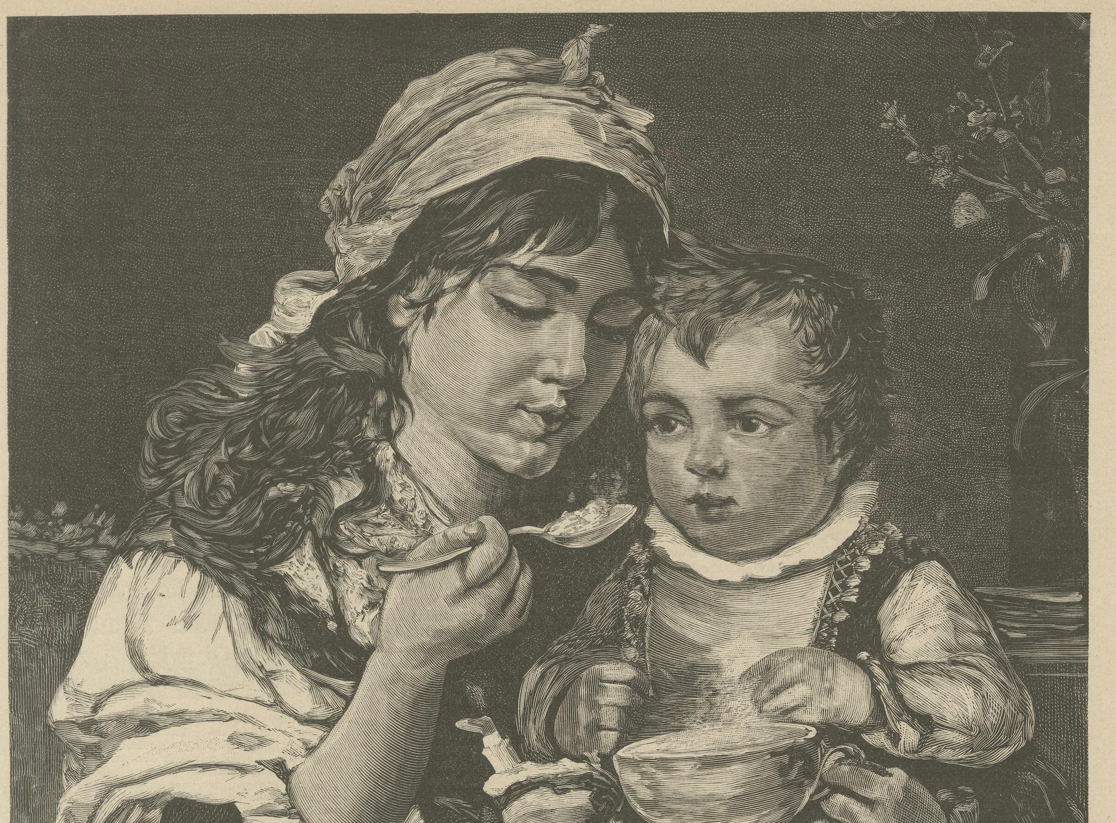 Mother and Child at Mealtime – Antique Engraving “Guten Appetit!”, c. 1890

This charming antique engraving, titled “Guten Appetit!” (Good Appetite!), captures an intimate moment between a mother and her child. Created around 1890, the print