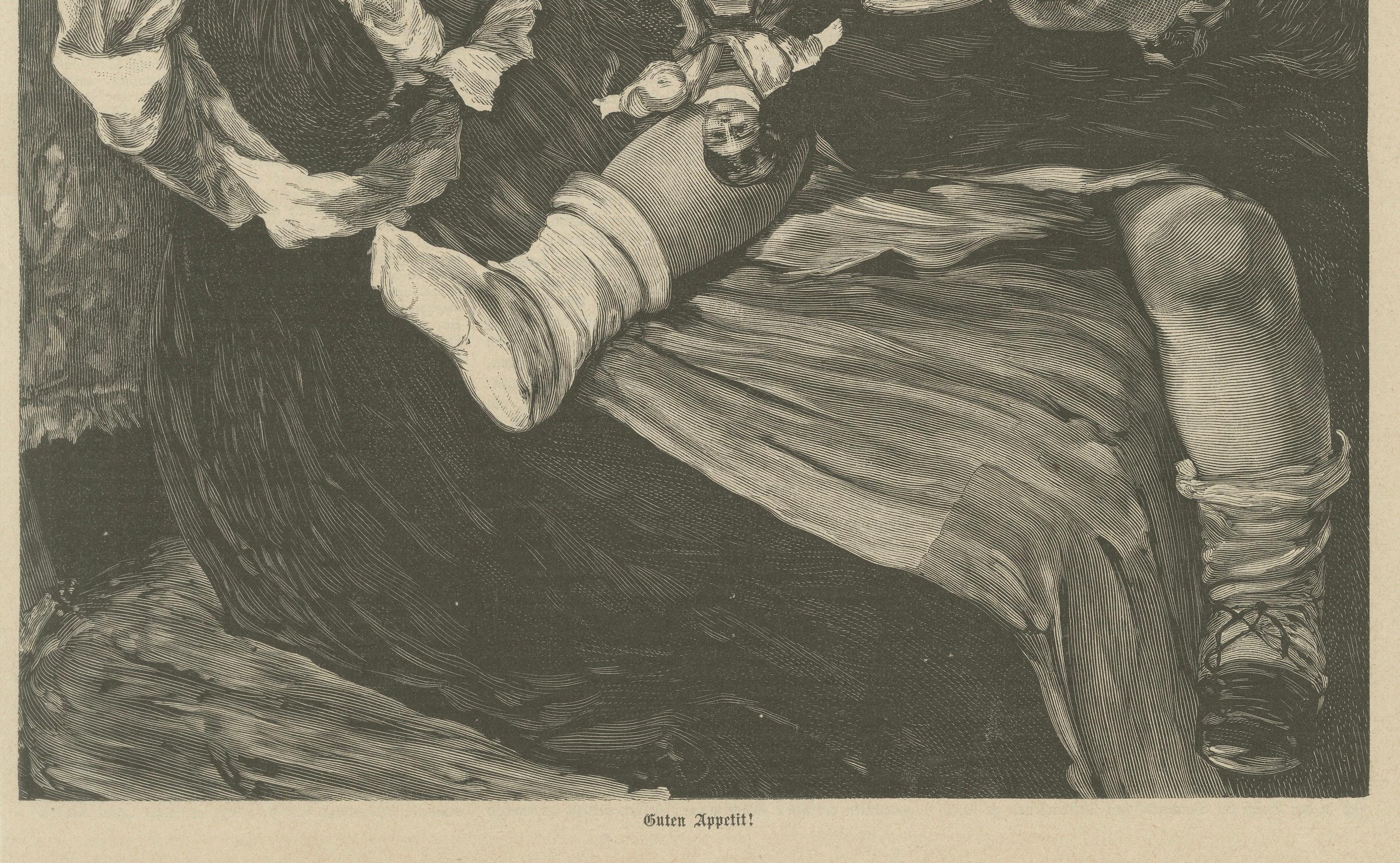Mother and Child at Mealtime – Antique Engraving “Guten Appetit!”, c. 1890 en Bueno estado para la venta en Langweer, NL