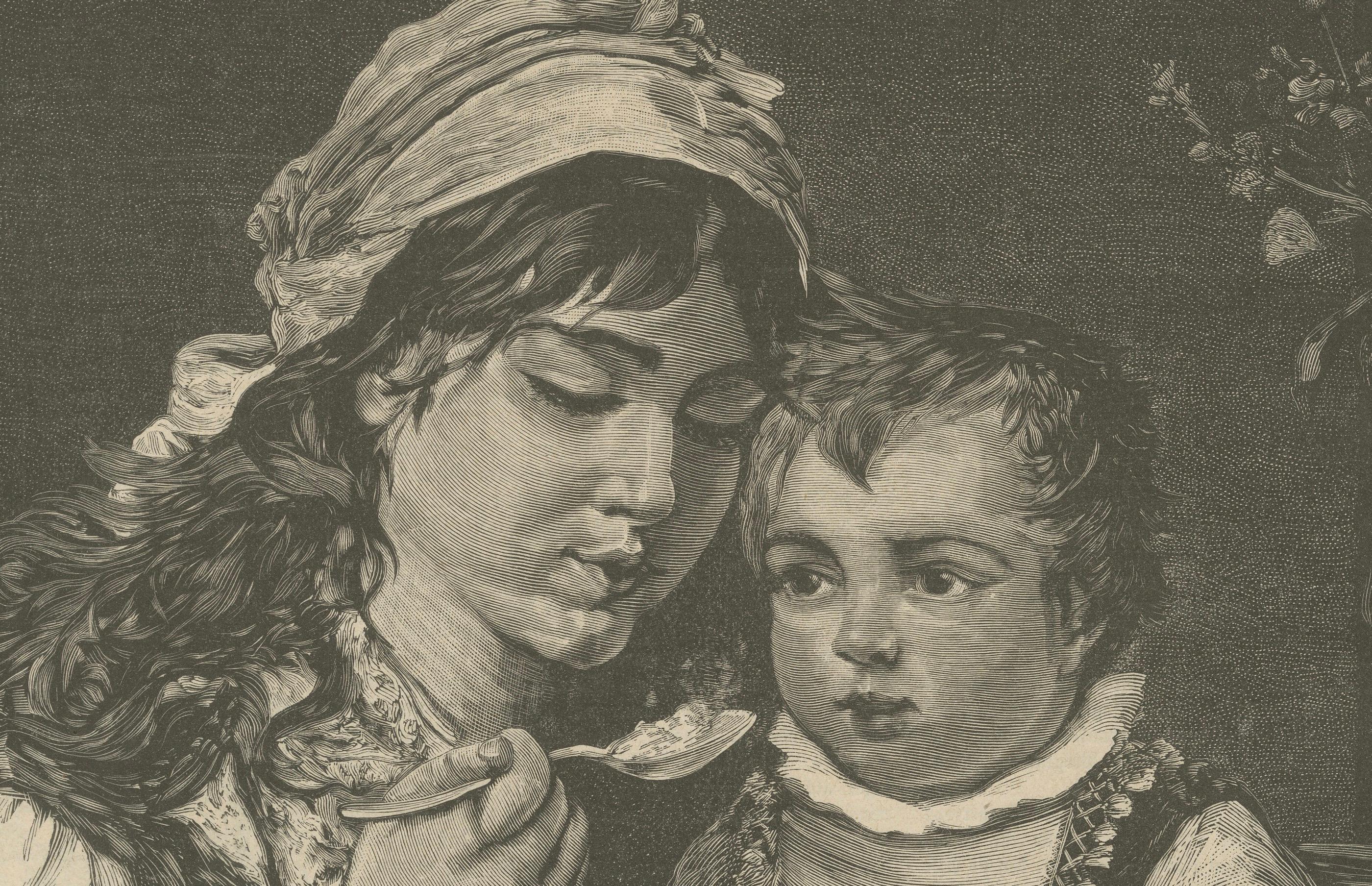 Mother and Child at Mealtime – Antique Engraving “Guten Appetit!”, c. 1890 Fines del siglo XIX en venta