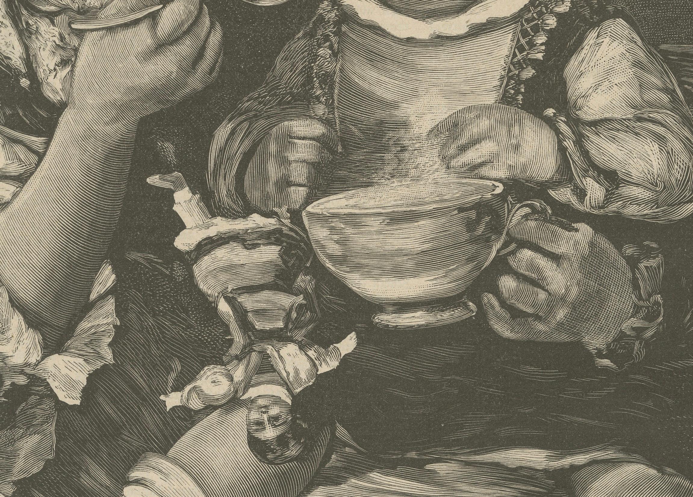 Mother and Child at Mealtime – Antique Engraving “Guten Appetit!”, c. 1890 Papel en venta